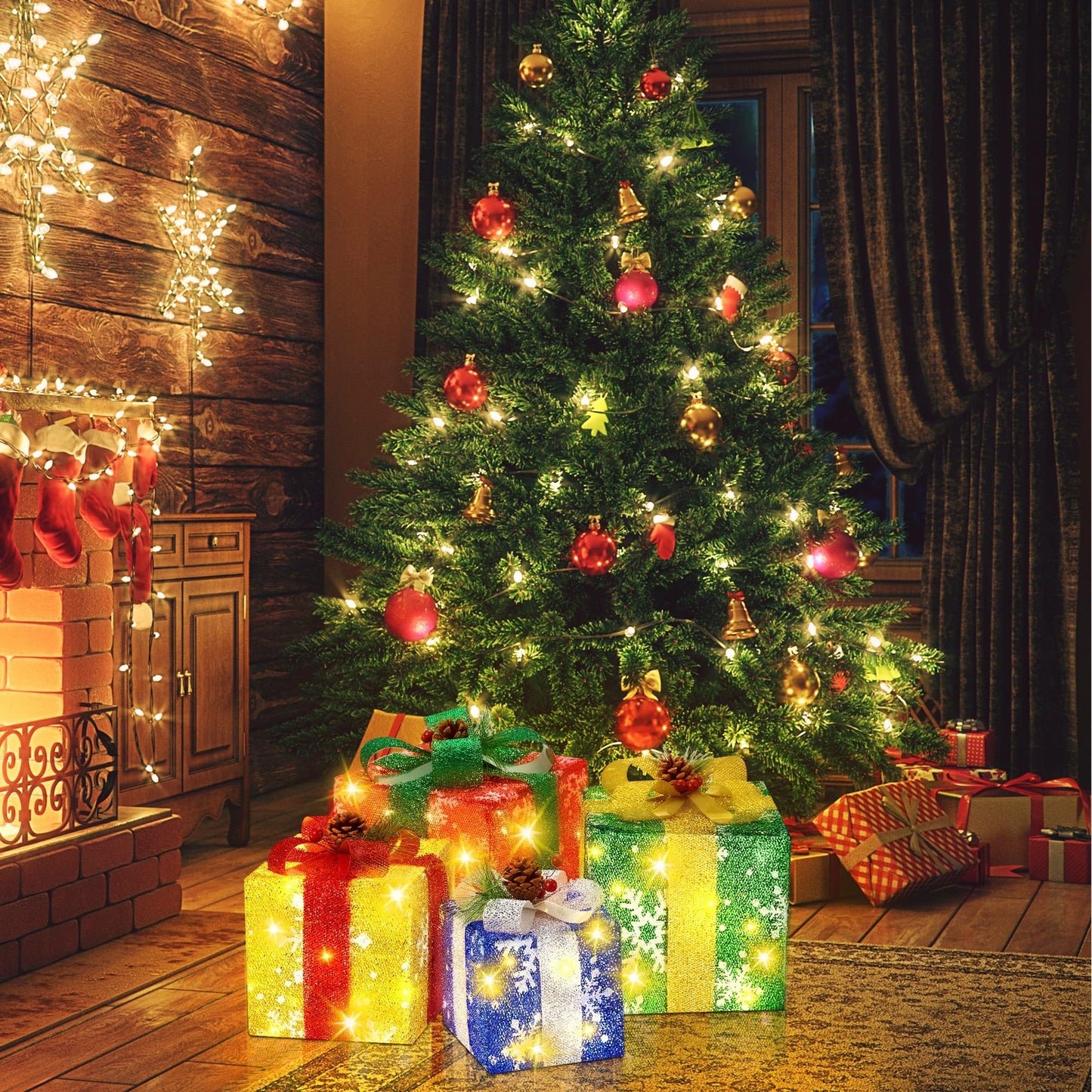 Set of 4 Christmas Lighted Gift Boxes with Plug, Pre-lit LED Light Up Present Boxes for Xmas Tree Porch Decor, Christmas Decorations Indoor Outdoor