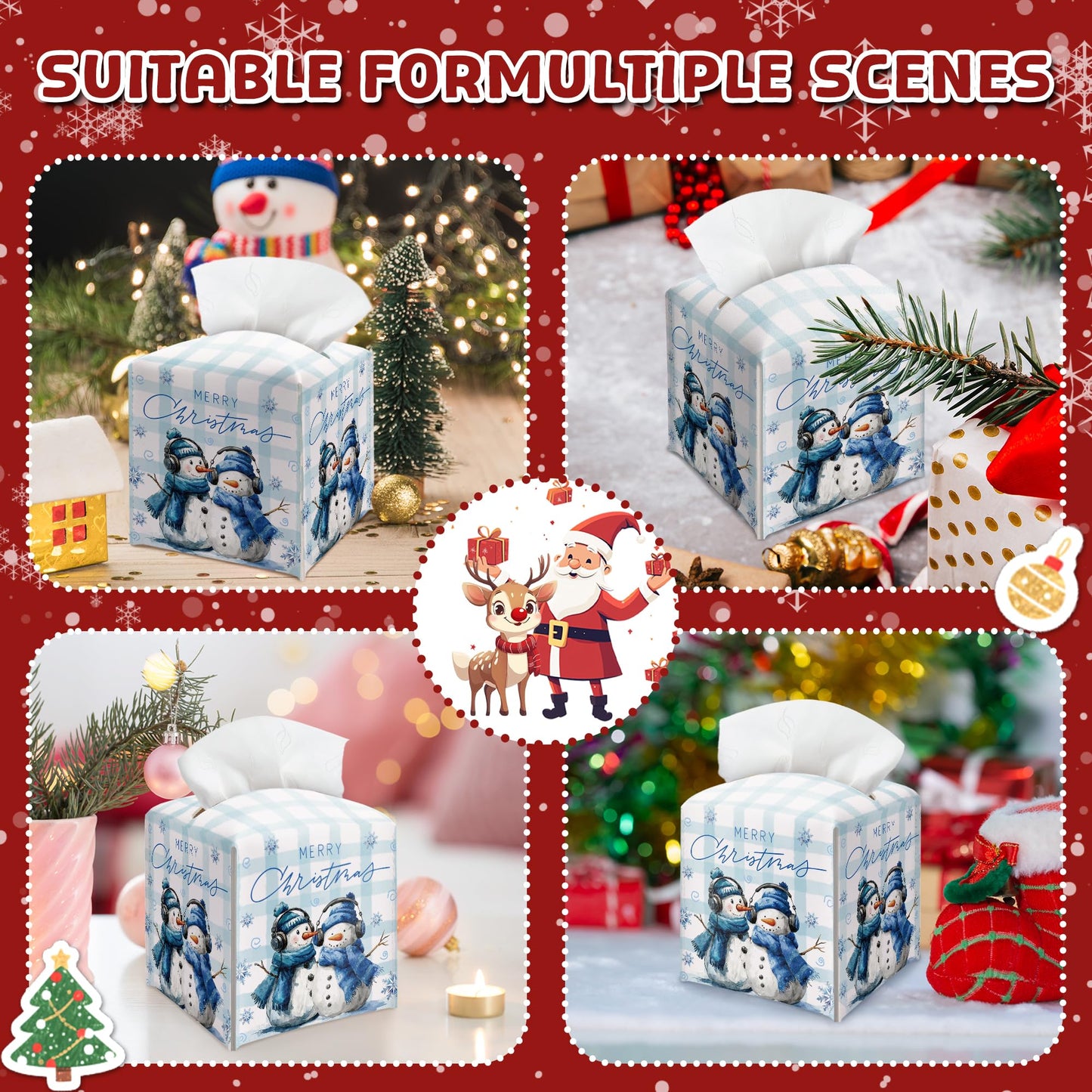 Christmas Snowman Box Cover Square, Blue Checkered Decorative Tissue Box Holder, Waterproof Leather Tissues Boxes Dispenser for Bathroom, Office, Car, Bedroom Nightstand, Home Decor