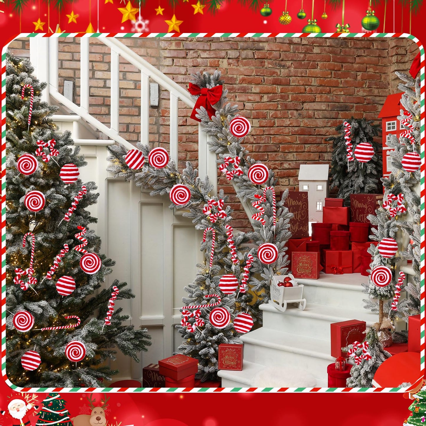 Yerliker 24 Pcs Candy Cane Christmas Tree Decorations, Fluff Christmas Ornaments Peppermint Lollipop Balls Curly Picks for Home Wreath Table Vase Mantel Decor(Red, White,Large)