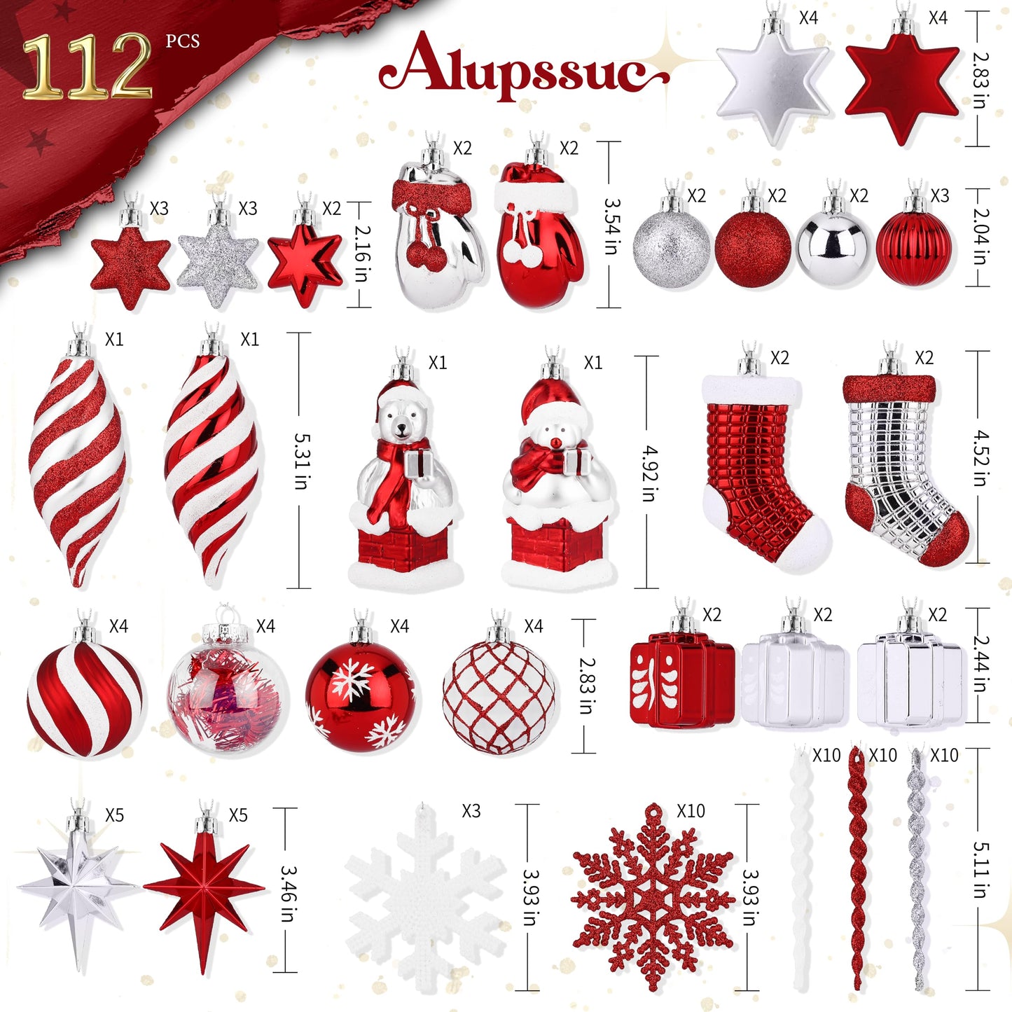 Alupssuc 112pcs Christmas Balls Ornaments Set, Shatterproof Plastic Baubles Christmas Penguin, Polar Bear for Xmas Tree Holiday Wedding Party Decorations with Hanging Strings, Red, Silver and White
