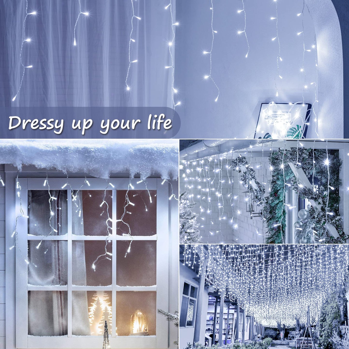 oopswow Icicle Lights Outdoor Decorations 300 LED 33ft 8 Modes Curtain Fairy String Light with 50 Drops, LED String Light Indoor for Wedding Party Holiday Christmas Decorations,White
