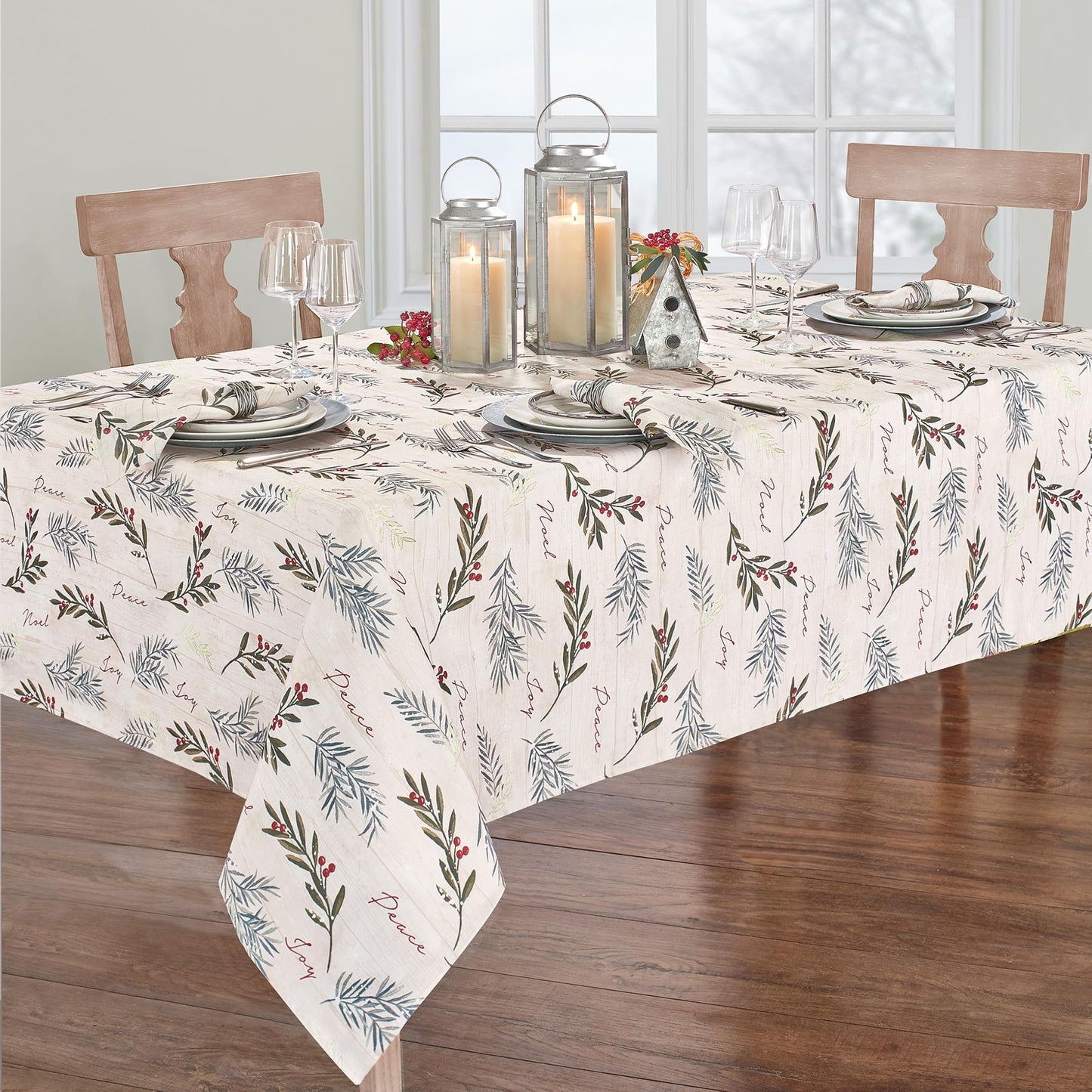 Elrene Home Fashions Holiday Tree Trimmings Wrinkle Resistant Fabric Tablecloth, Christmas, 60"X84", Oblong
