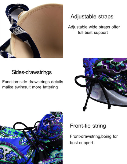 Septangle Women's Plus Size Swimsuit Floral Print Bathing Suit Two Piece Push Up Swimwear (Royal Blue,US 12)