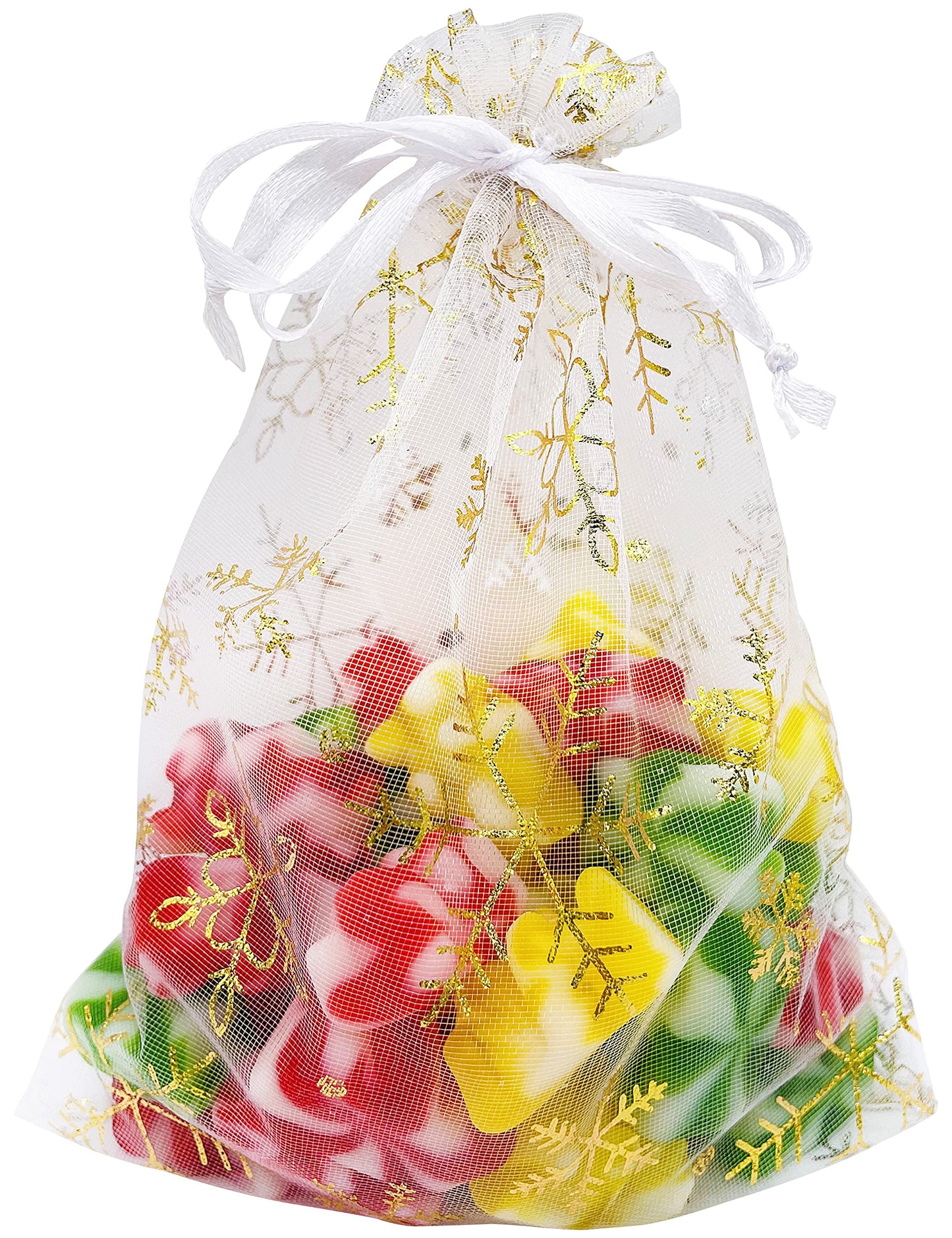 Jexila 100PCS Christmas Organza Gift Bags 5''X7'' Small Snowflake Drawstring Goodie Candy Treat Bag Mesh for Kids Christmas Holiday Party Favors