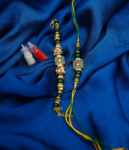 NiLy Craft Handmade Premium Couple Rakhi Gift Set | Green Traditional Charm with Unique Design Rakhi Combo | Includes Roli Kumkum & Chawal | Traditional Raksha Bandhan Gift Set for Bhaiya Bhabhi, Brother & Sister