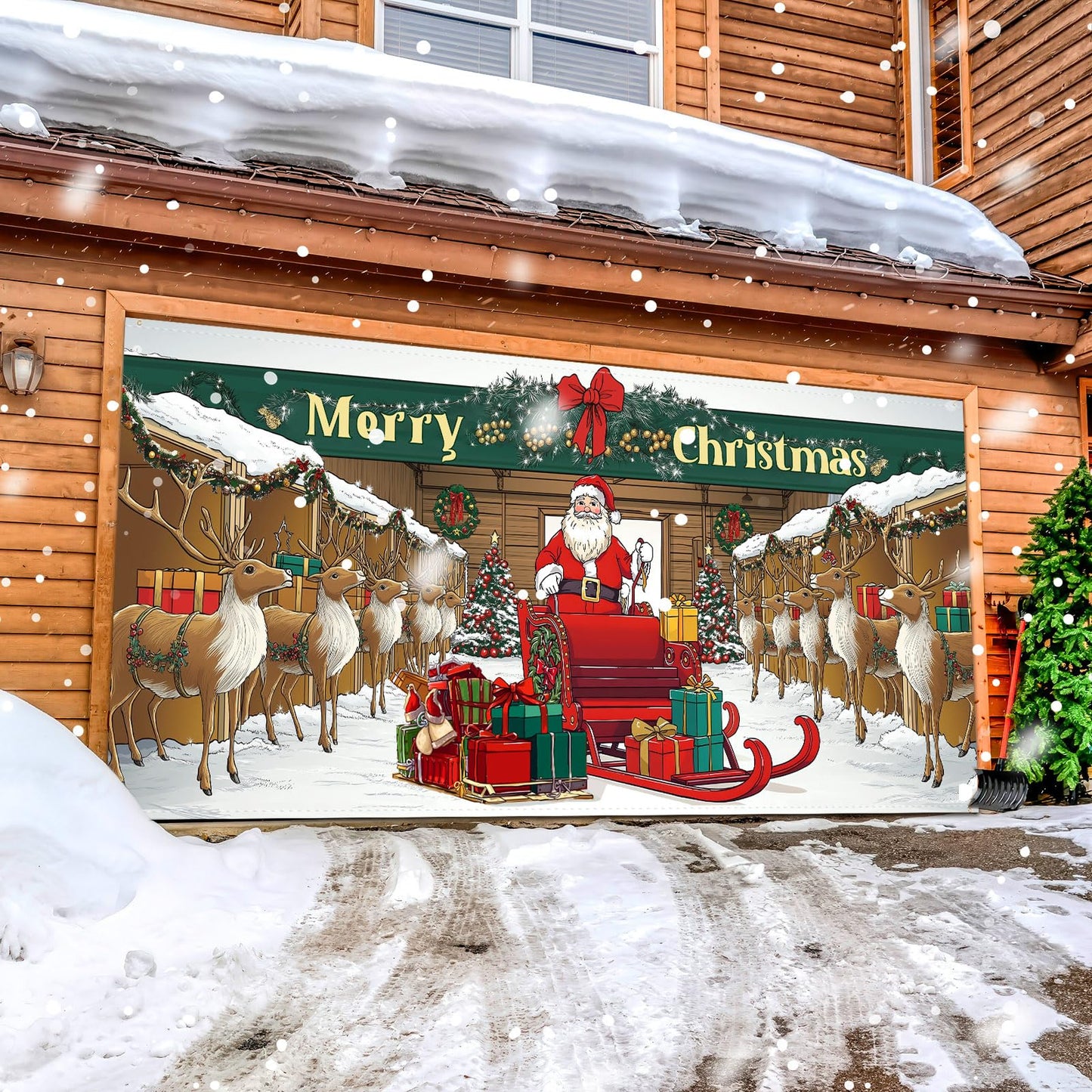 Tingjoo 7 x 16 ft Christmas Garage Door Cover Banner Christmas Garage Door Decorations African American Large Holiday Decorations Banner for Xmas Winter party (Reindeer Barn)