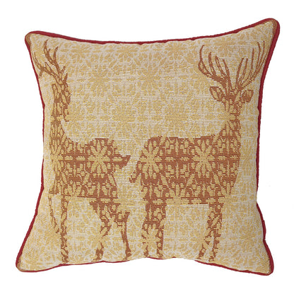 Christmas Tapestry Throw Pillow Cover 16x16 Inch - Festive Woven Jacquard Reindeer Cushion Case - Red Piping, Hidden Zipper - Decorative Holiday Home Decor for Sofa/Couch