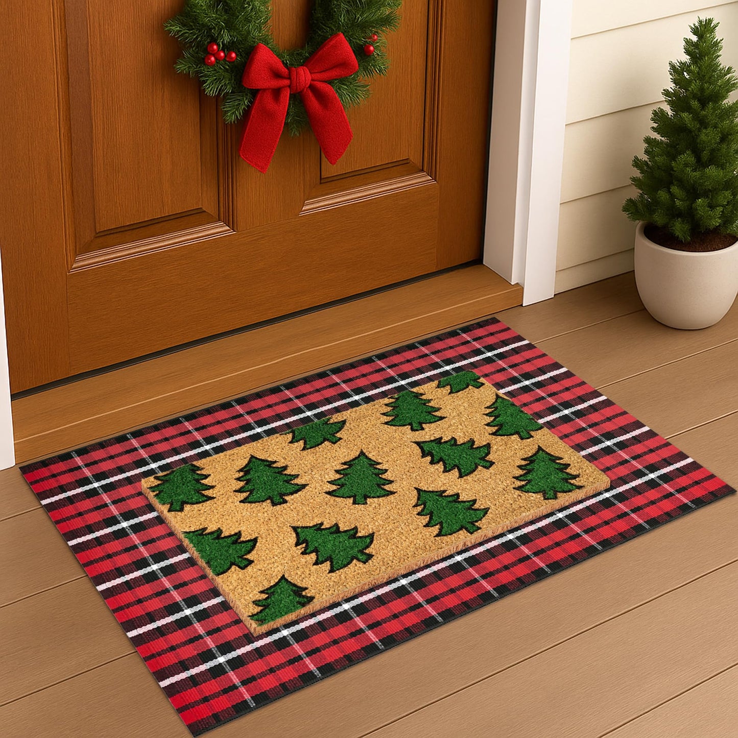 Christmas Door Mat Set 2-Piece, 17"x30" Coir Welcome Mat with Green Tree Pattern and 28"x43" Red Black White Check Rug, Layered Front Porch Combo for Holiday Entryway Outdoor Decor