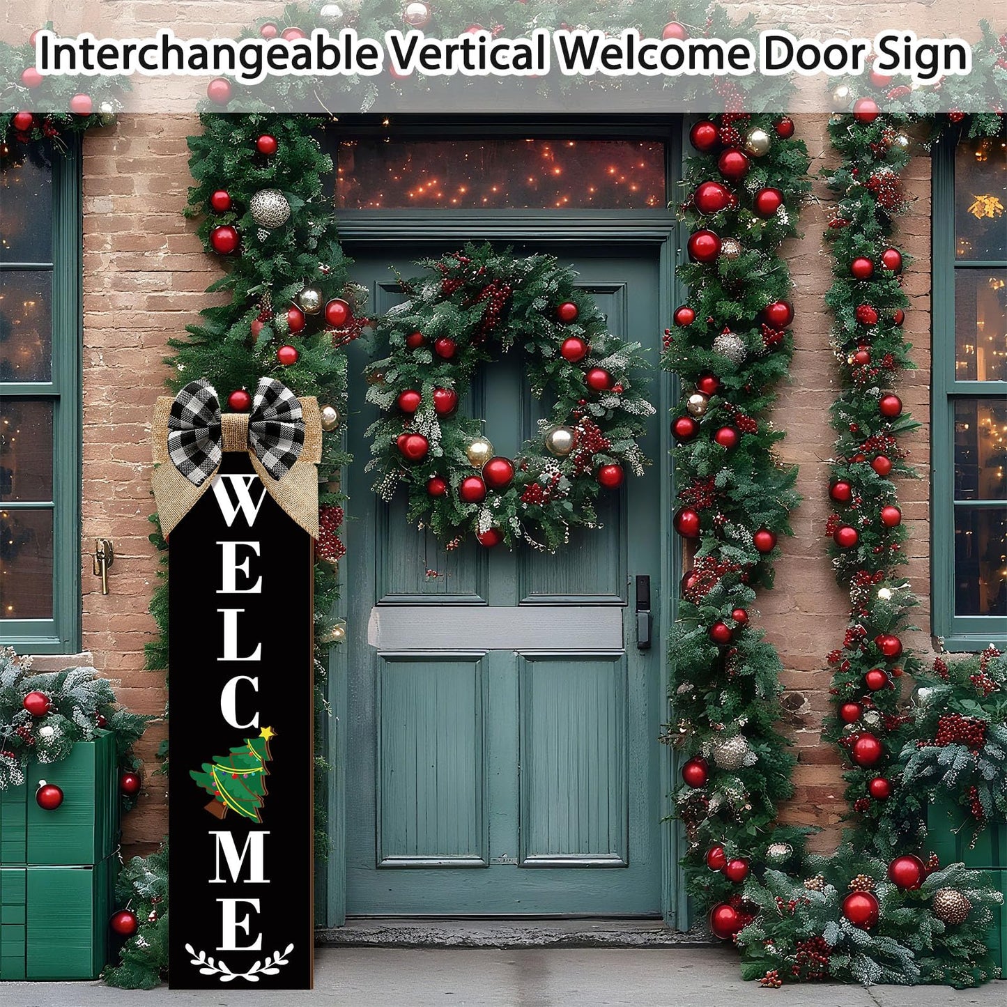 Sintuff Holiday Interchangeable Welcome Sign for Front Door Wood Porch Sign with 24 Pcs Seasonal Icons Home Farmhouse Holiday Welcome Outdoor Festival Seasonal Decoration(Black,Large)