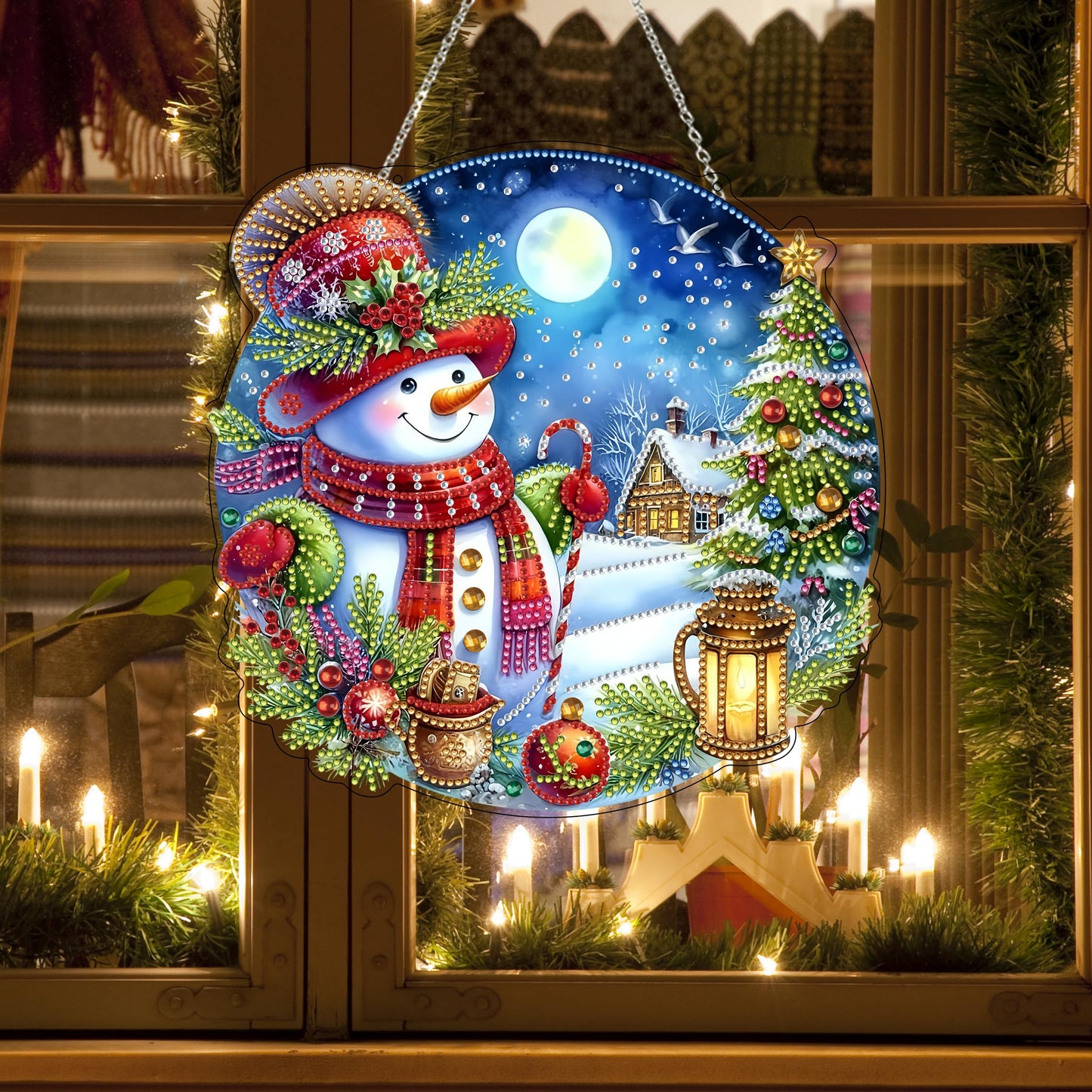 DIY Acrylic Diamond Art Painting Wreath Kits Special Shaped Rhinestone 5D Diamond Art Window Pendants Home Garden Wall Hanging Kits Hanging Ornament (Christmas Snowman-2)