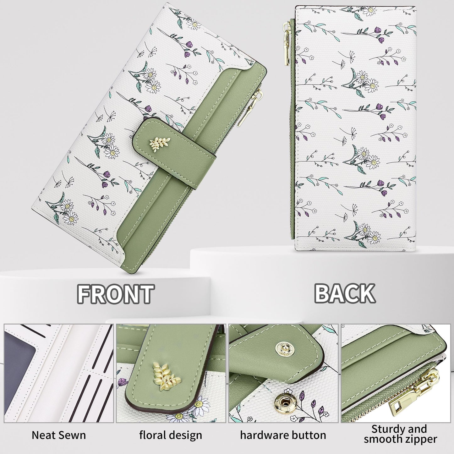 Farcauo Wallet Women Slim Wallets for Women with RFID Blocking Cute Thin Green Women's Wallet Kawaii Flower Womens Ladies Card Holder Wallets
