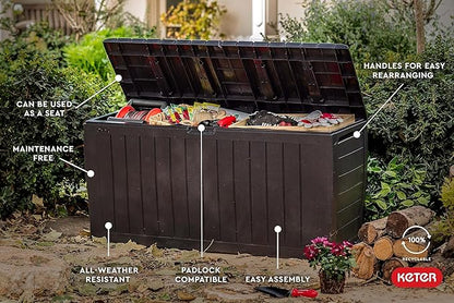 Keter Marvel Plus 71 Gallon Resin Outdoor Storage Box for Patio Furniture Cushions, Throw Pillows, Garden Tools and Pool Floats, Brown