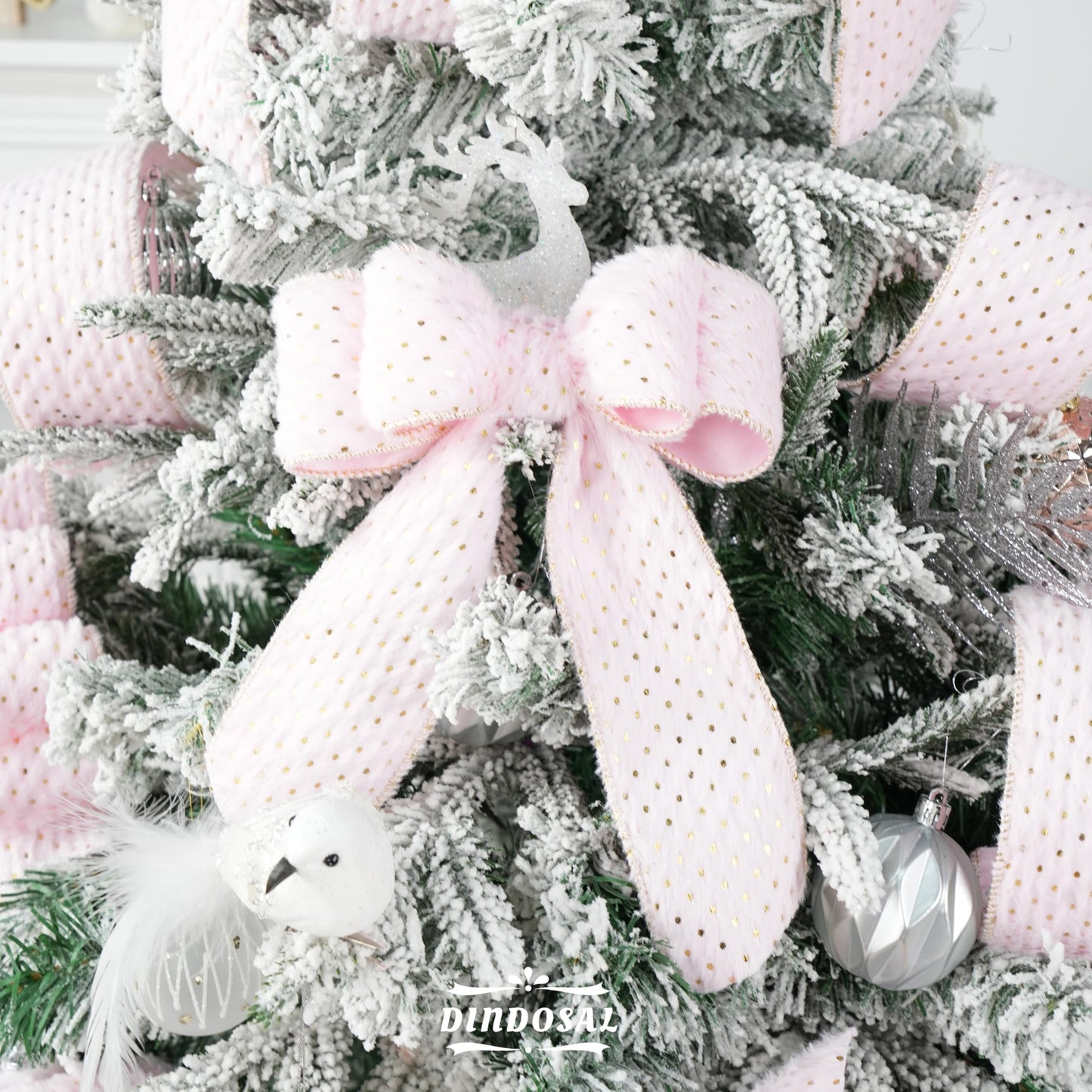 DINDOSAL Pink and Gold Christmas Ribbon 2.5" X 10 Yards Pink Faux Fur Wired Ribbon for Christmas Tree Decoration, Polka Dot Ribbon Wired for Bows, Wreaths, Garlands, Gift Wrapping, Home Decor