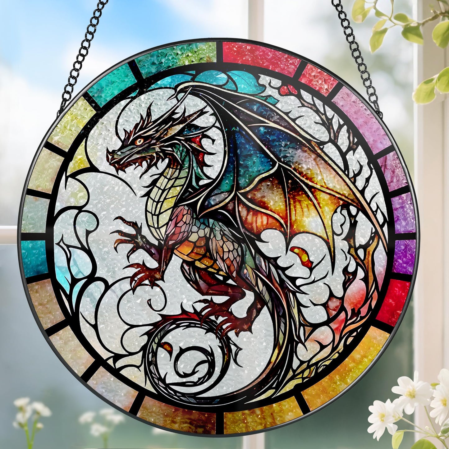 8 Inch Stained Glass Suncatcher Ornament, DOUHASU Dragon Sun Catchers Indoor Window, Stained Glass Window Hanging, Home Decor, Dragon Lovers Gifts for Men, Dad, Husband, Boyfriend