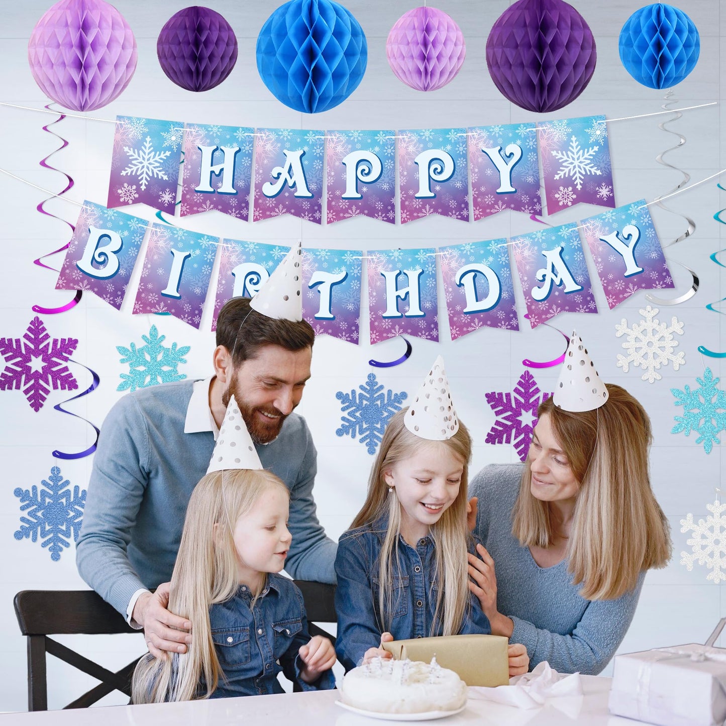 Frozen Birthday Party Decorations Happy Birthday Banner Honeycomb Balls Snowflake Hanging Swirls Streamers Circle Garland Decoration Winter Holiday Party Decorations for Christmas
