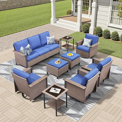 Outdoor Patio Furniture Set-9 Pieces All-Weather Wicker 3 Seater Sofa with Swivel Rocker Patio Chairs Set of 4, Wicker Outdoor Conversation Sets for Porch Deck Backyard Garden Brown/Blue