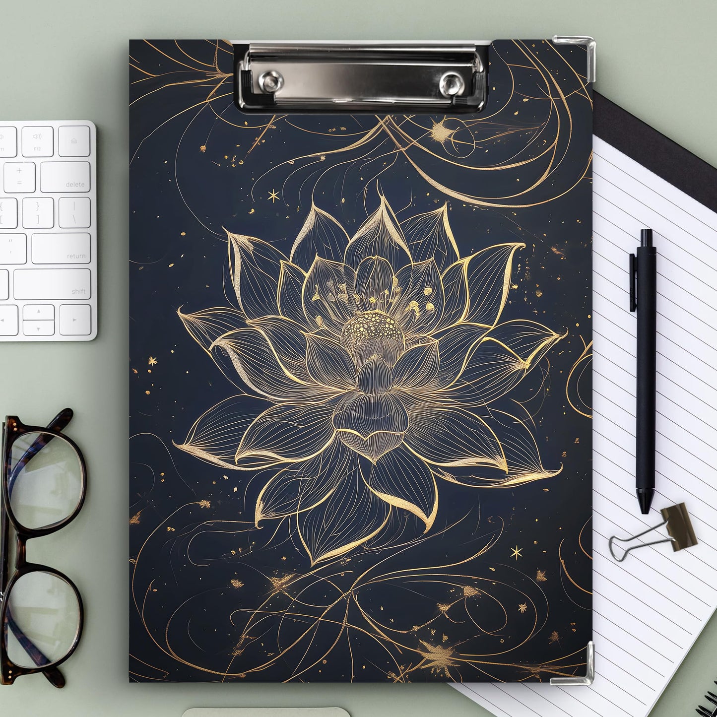 KU-DaYi Lotus Floral Clipboard Padfolio with Storage Pocket, Meditation Spiritual Lotus Flower Low Profile Clip Boards for Nurse Office Classroom, 12.4 x 9.25 in
