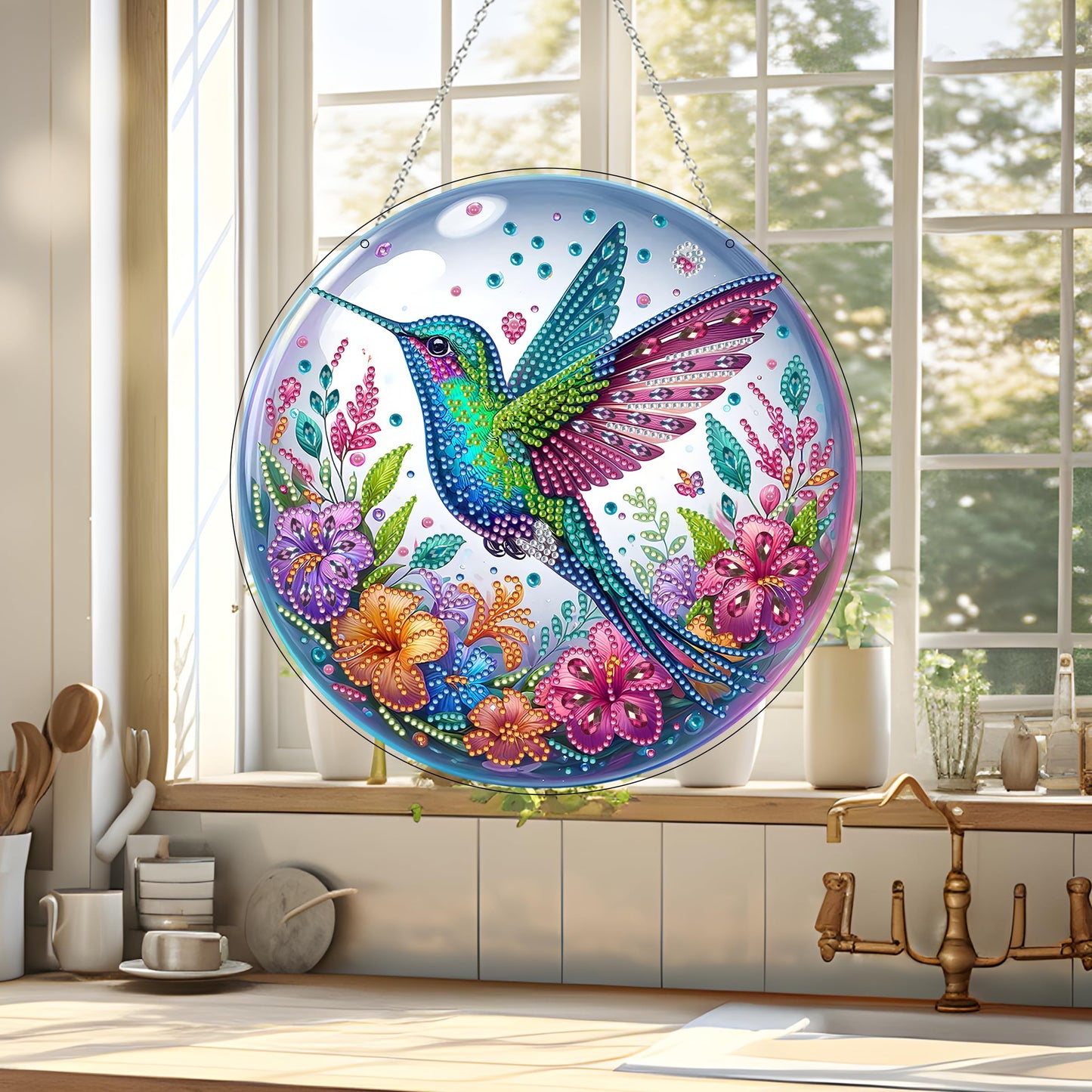 JJFox Diamond Art Hanging Kit for Adult,Special Shaped Rhinestone,DIY Acrylic 5D Diamond Art Painting Window Pendants Home Garden Wall Hanging Kits Hanging Ornament,Double Sided. (Hummingbird)