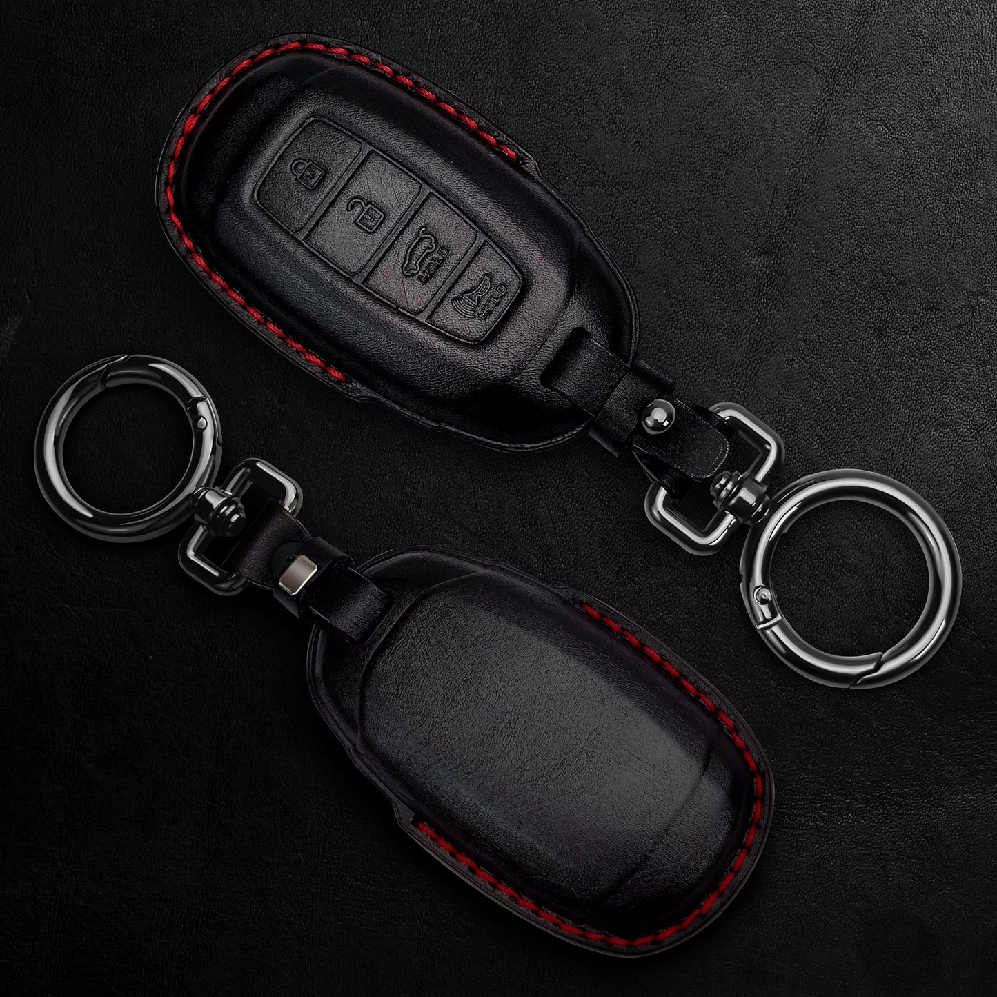 Tukellen Genuine Leather Key Fob Cover Smart Key Holder Sleeve Fit for 2020-2022 Hyundai Palisade Elantra GT Accent Kona Santa Fe Veloster (Black(Red line), 4 Button)