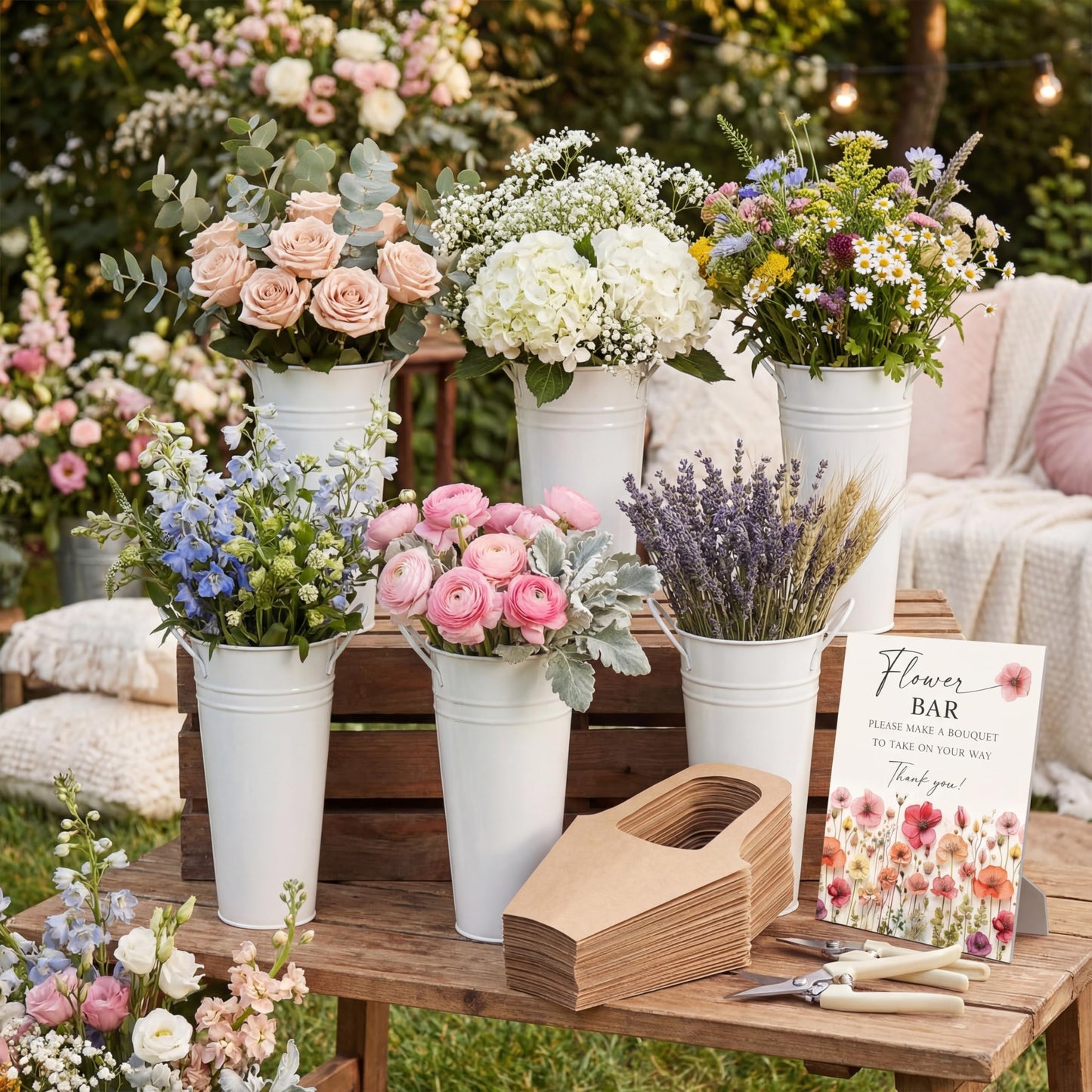 LEIFIDE Flower Bar Buckets Set Kit Bloom Bar Supplies Include Wood Sign Gift Bags Iron Bucket Garden Flower Shears for Wedding Bridal Shower Graduation Birthday Table Centerpieces(39 Pcs,Light Beige)