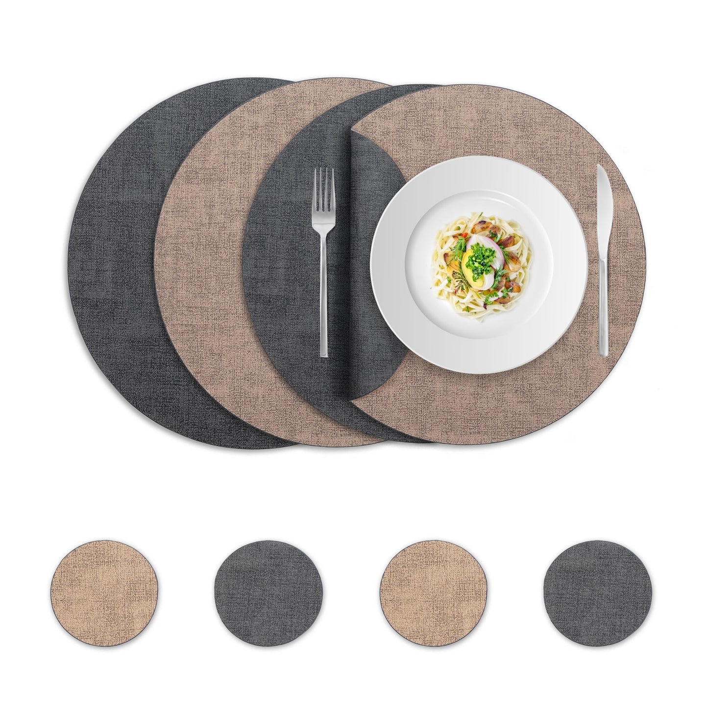 Cloth Leather Round Placemats, Gray and Beige Double-Sided Heat-Resistant Placemats and Coasters Set of 4, Small Placemat for Dessert Plate Easy to Clean for Dining
