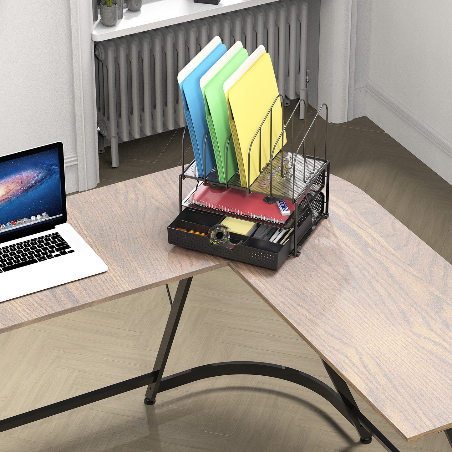 Deco Brothers Mesh Desk Organizer with Double Tray, 5 Upright Sections and Sliding Drawer, Black
