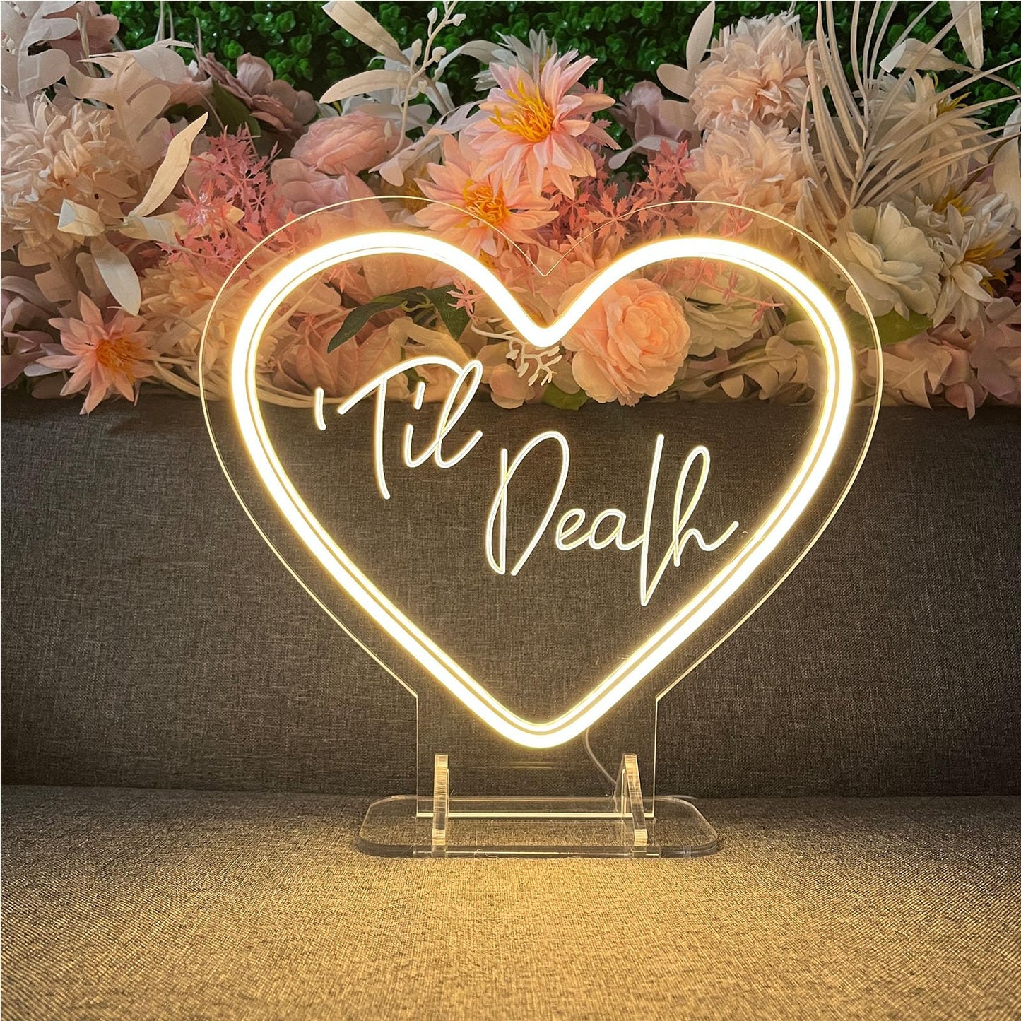 Til Death Neon Sign Desk Lamp for Wall Decor Night Light Wedding Letter LED Neon Sign Wedding Table Decorations Neon Light Bedroom Home Room Decor Christmas Party Warm White USB 30×26CM