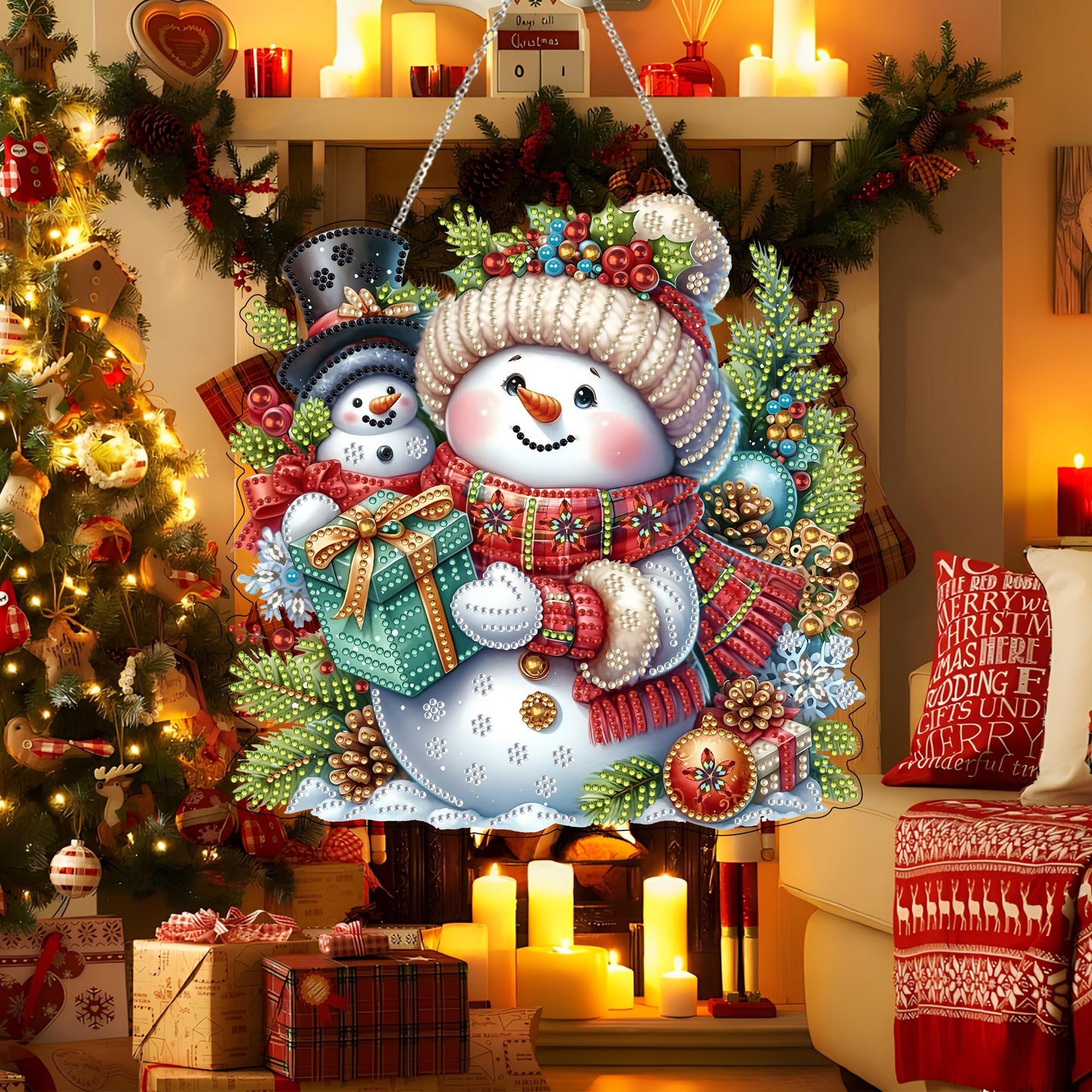 JJFox Diamond Art Hanging Kit for Adult,Special Shaped Rhinestone,DIY Acrylic 5D Diamond Art Painting Window Pendants Home Garden Wall Hanging Kits Hanging Ornament,Double Sided. (Christmas Snowman)
