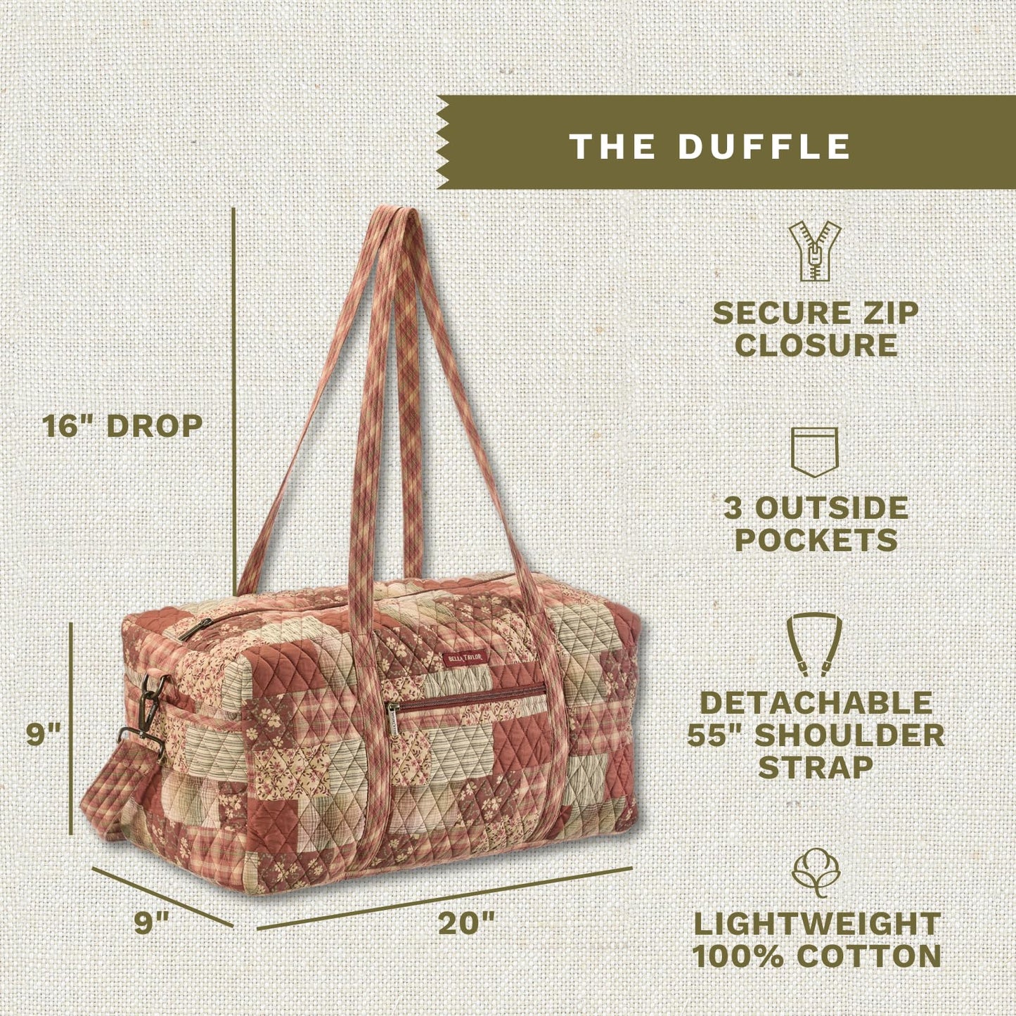 Bella Taylor Quilted Cotton Duffel Bag |Large Carry On Travel and Weekender Bag For Women| Burgundy Patch