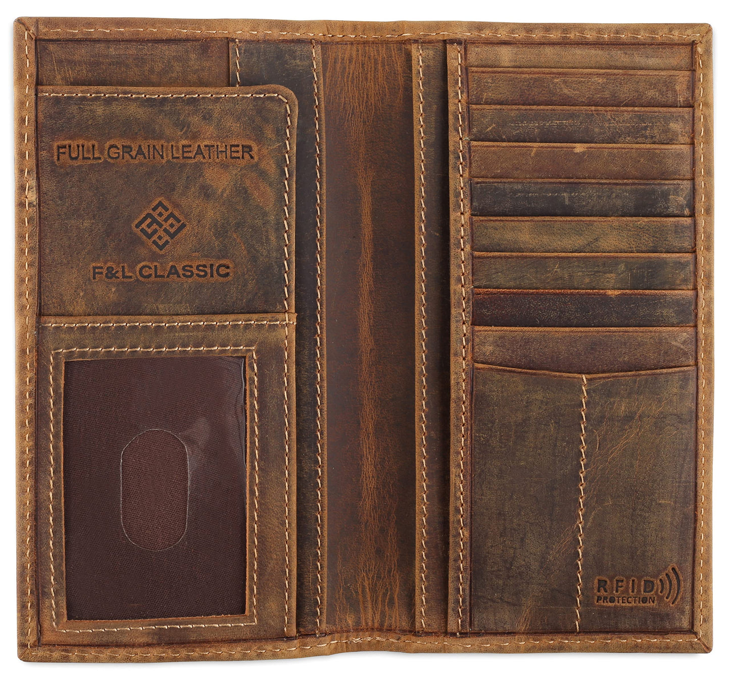 F&L CLASSIC Men's RFID Vintage Look Genuine Leather Long Bifold Wallet Checkbook Wallets,buffalo wax vintage leather,240 wax brown