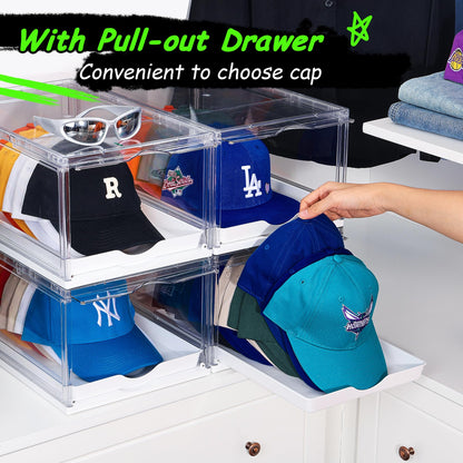 Vtopmart 2 Pack Hat Organizer for Baseball Caps, Clear Hats Holder Box with Drawer, Large Cap Storage with Sliding Tray, Stackable Rack Display Case with Magnetic Door, Each Holds 12 Hats
