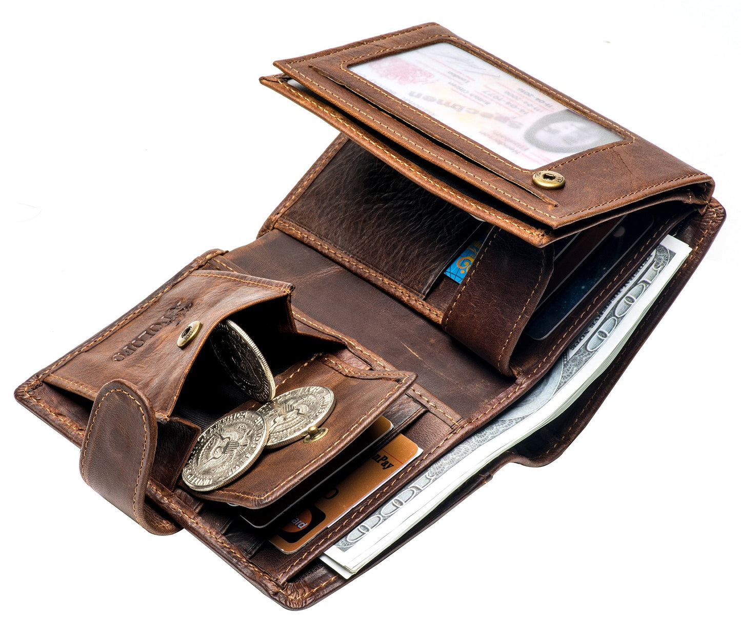 POKOFO Large RFID Genuine Leather Card Holder Trifold Wallet Snap Closure 3 ID Windows for men (Coffee)