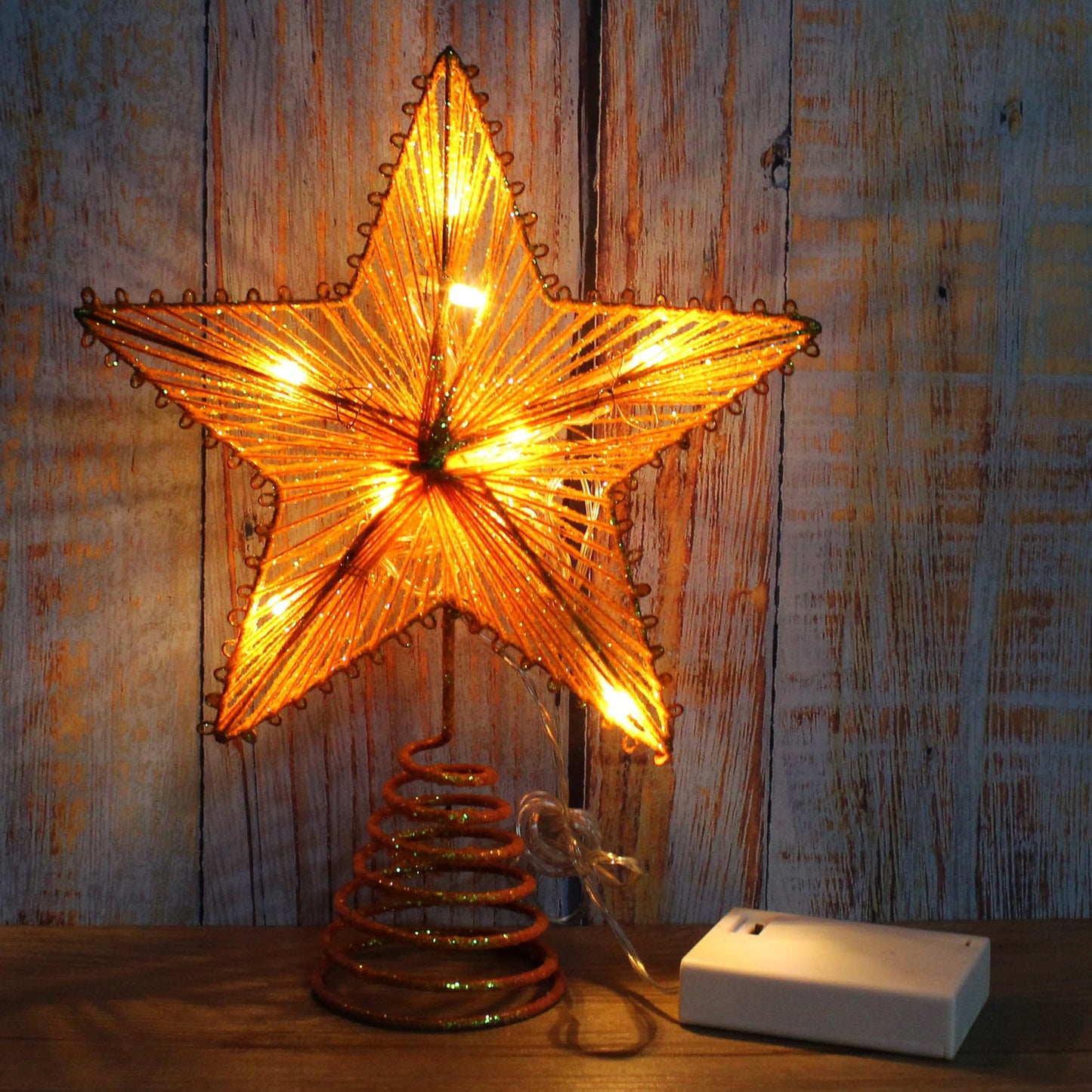 CVHOMEDECO. Champagne Gold Glittered 3D Tree Top Star with Warm White LED Lights and Timer for Christmas Tree Topper Decoration and Holiday Seasonal Décor, 8 x 10 Inch