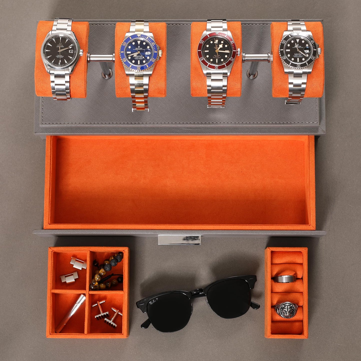 ROTHWELL Luxury Watch Display Case for 4 Watches – Leather Watch Box with Acrylic Cover and Removable Slide in Cushions – Accessory Drawer with Multiple Configurations (Grey/Orange)