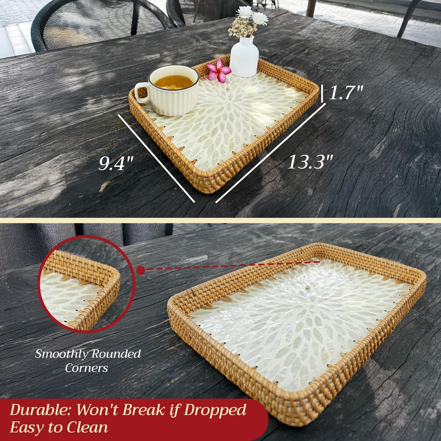 Rattan Tray Rectangle with Mother of Pearl – Unique Decorative Rattan Serving Tray for Food, Bread, Fruits, Snacks & Organizing Bathroom, Coffee Table – Christmas & Housewarming Gift (White 13.3"x9.4)