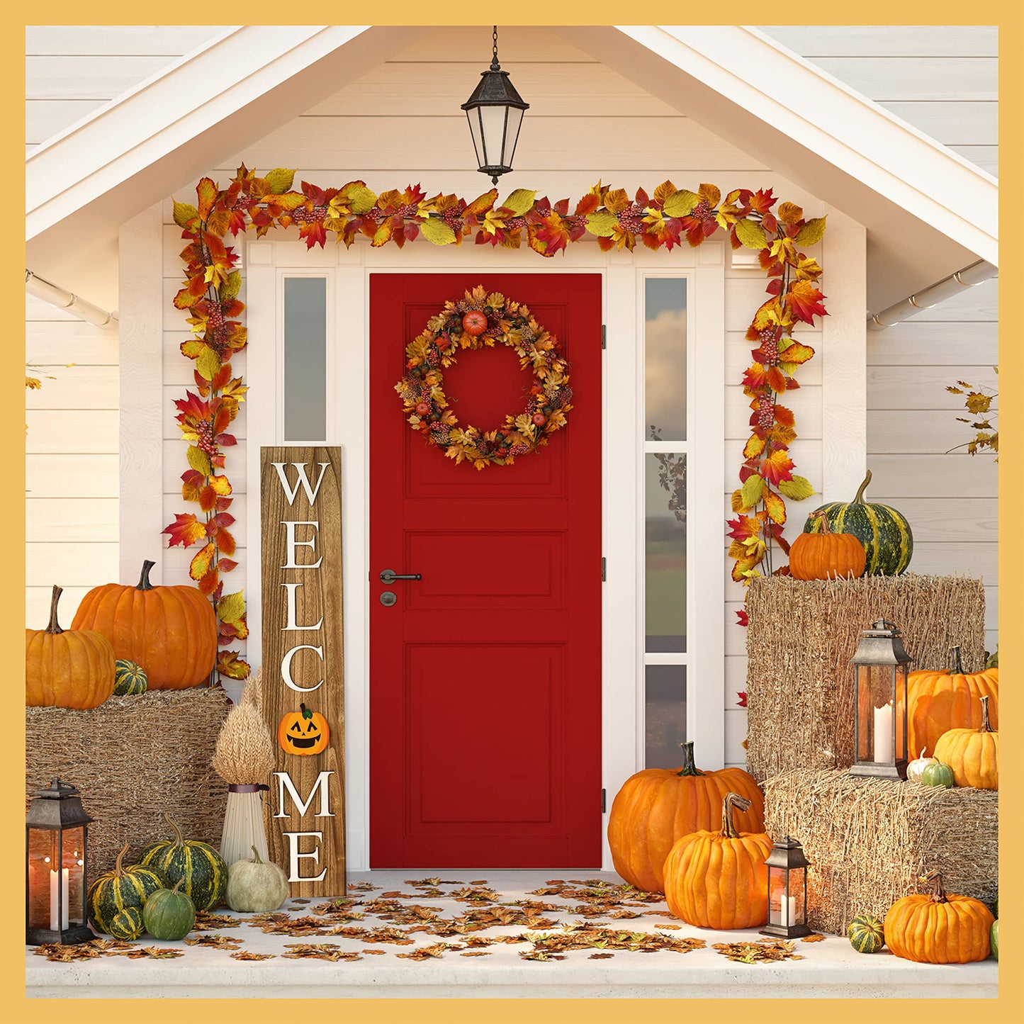 Extra Large 5FT Premium Wooden Interchangeable Welcome Sign for Front Door Porch Sign - 5 ft (58 x 11 Inch) 8 Magnetic Seasonal Tiles, Fall Porch Signs, Holidays and Seasons, Weather Resistance Standing welcome sign Outdoor and Indoor (Brown)