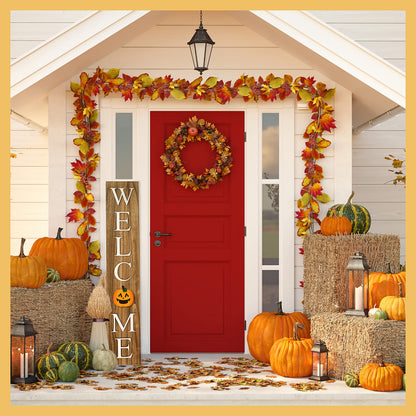 Extra Large 5FT Premium Wooden Interchangeable Welcome Sign for Front Door Porch Sign - 5 ft (58 x 11 Inch) 8 Magnetic Seasonal Tiles, Fall Porch Signs, Holidays and Seasons, Weather Resistance Standing welcome sign Outdoor and Indoor (Brown)