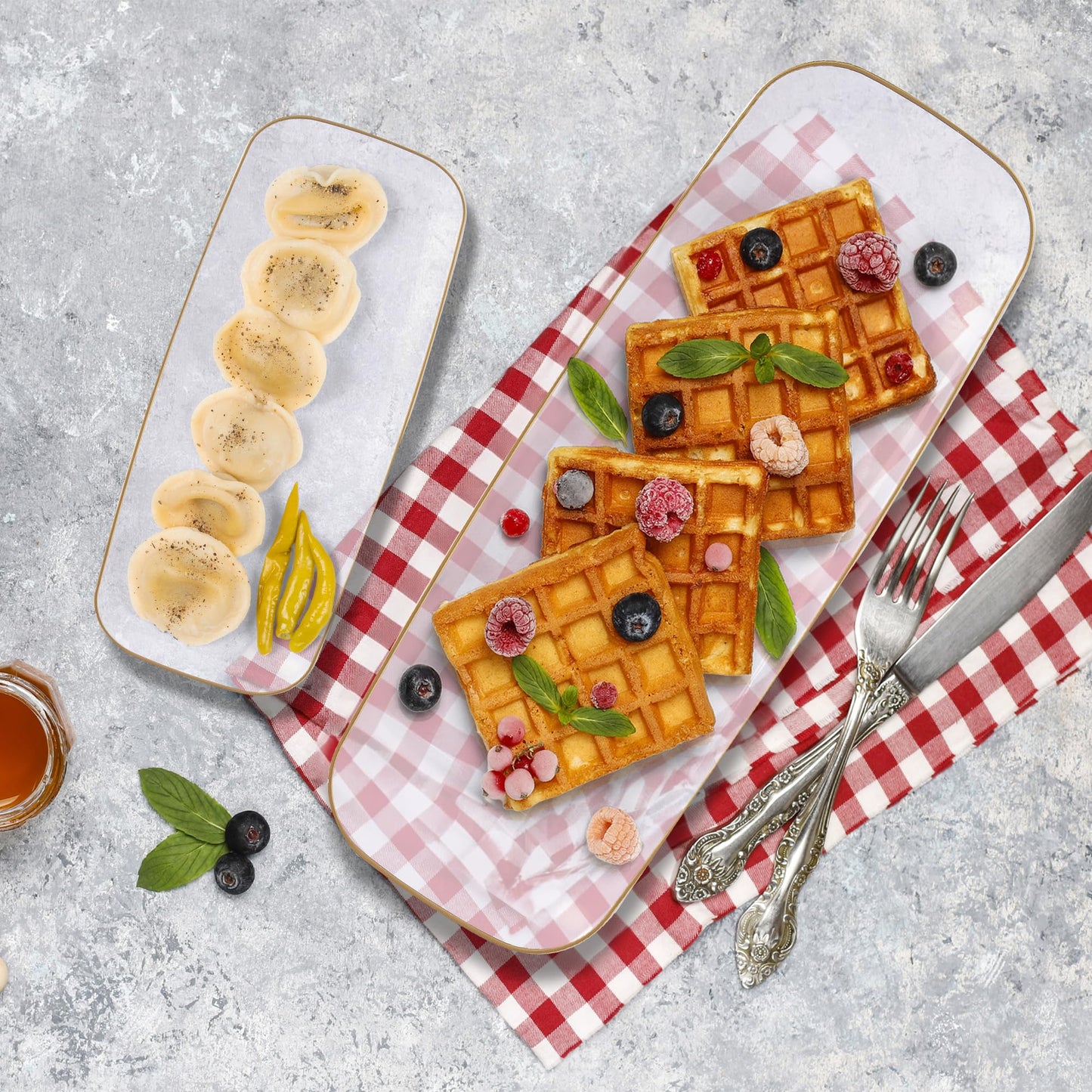 R-kay 4 Pack Plastic Serving Trays For Party - Gold Serving Tray 17 by 6.5 Inch - Heavy Duty Clear Trays For Food - Long Party Serving Trays For Entertaining - Clear Platters