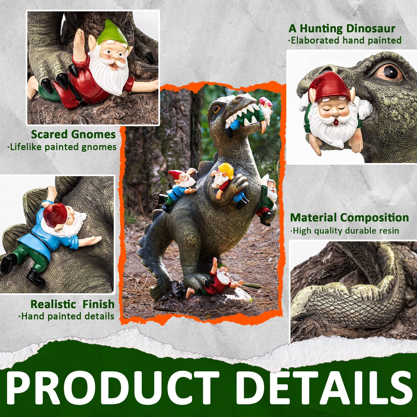 SOWSUN Garden Gnomes Statues Yard Decorations Outdoor Garden Decor, 14” Dinosaur Gnomes Garden Statues, Patio, Lawn Ornament, Gardening Gifts for Women for Housewarming