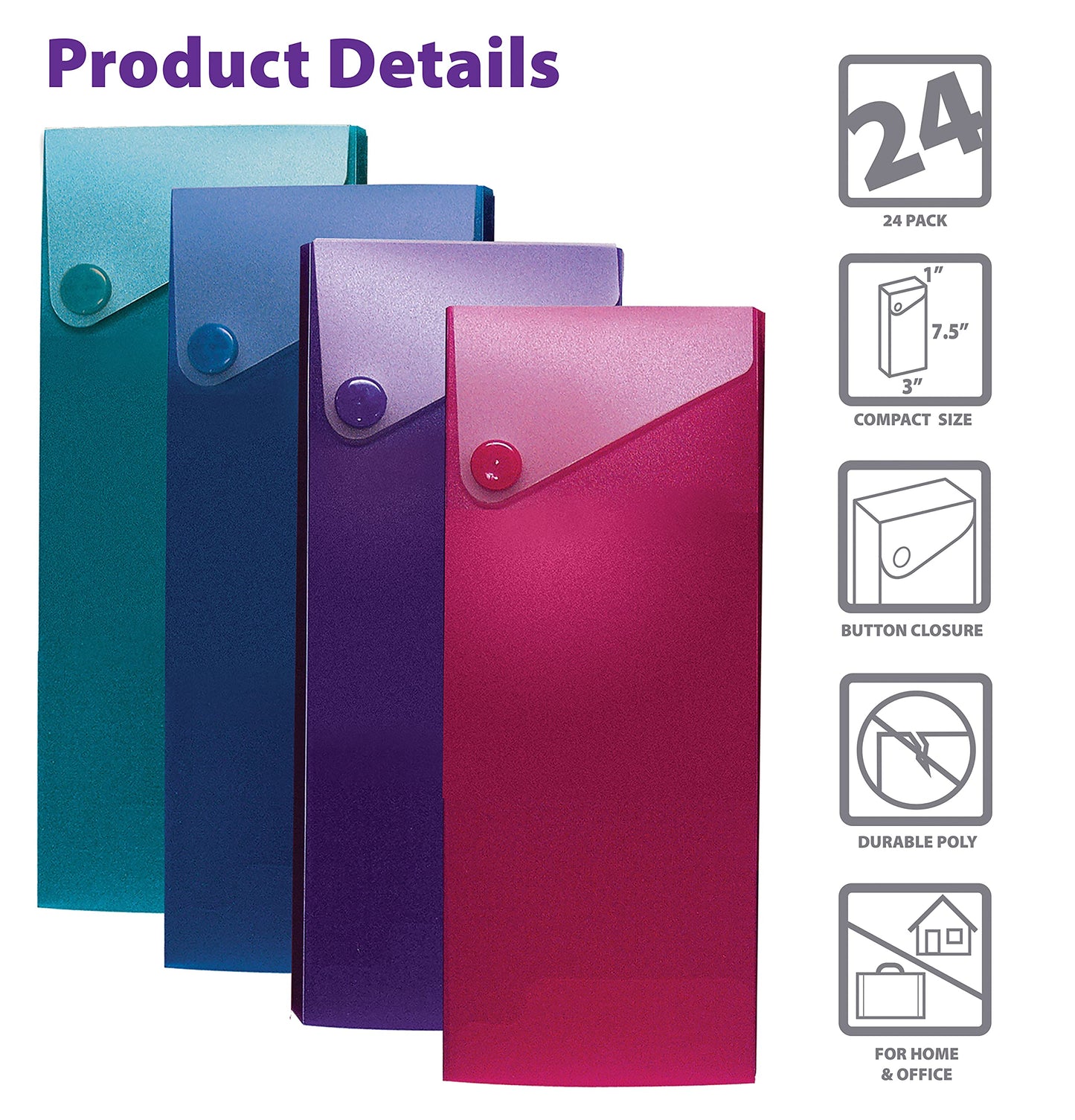 Better Office Products Slider Pencil Case, Box of 24, Semi-Rigid Poly Plastic with Button Snap Closure, Assorted Colors,