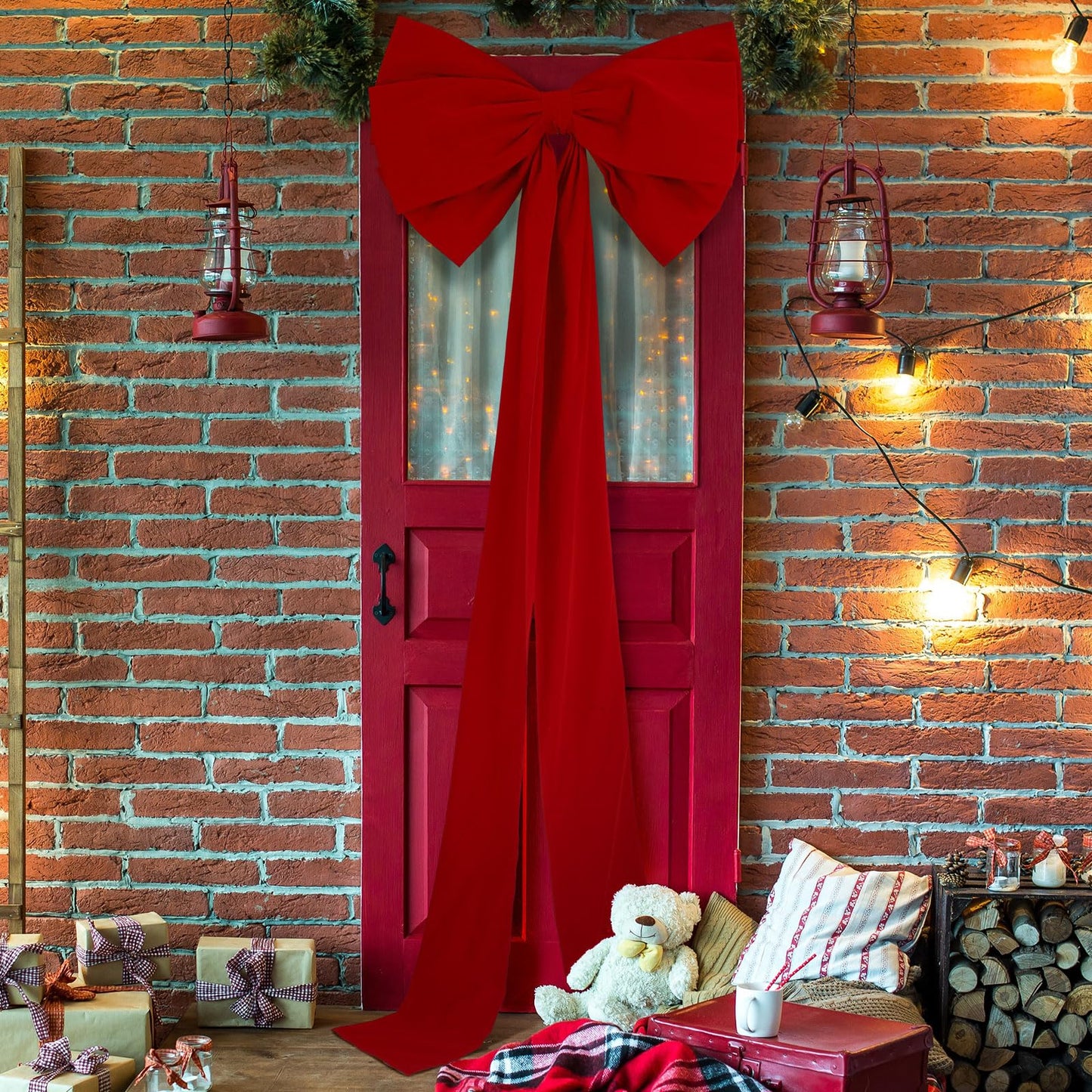 Knitgrip 1 Pack Extra Large Christmas Front Door Bow Decorations 27 x 78 Inch Red Giant Velvet Christmas Tree Topper Bow with Long Streamers Wreath Wall Decor for Home Xmas Room Holiday Porch