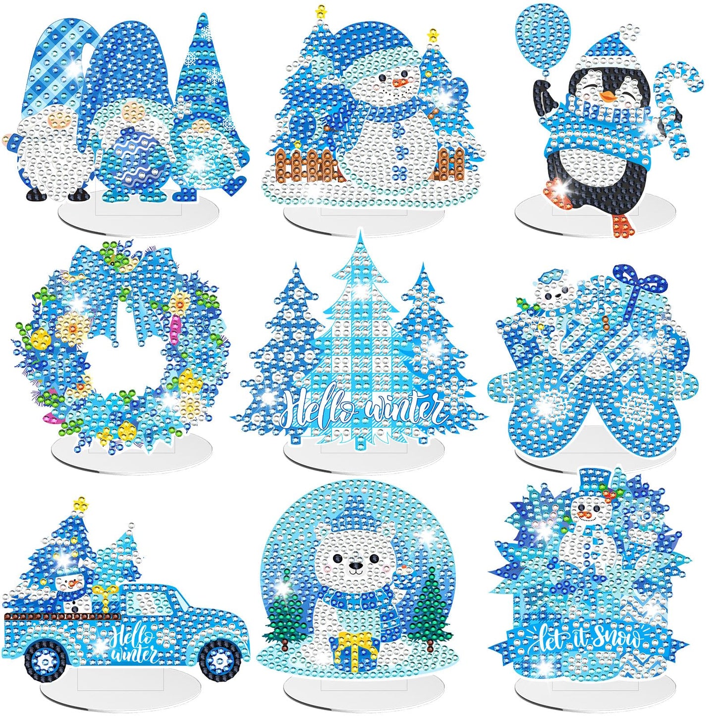 9pcs Winter Diamond Art Tabletop Decoration Winter Diamond Painting Desktop Ornament Christmas Tree Craft Kit Snowman Deer Truck Gnome Xmas Painting Sign Set for DIY Adults Gifts Party Decor