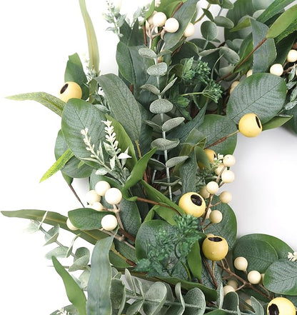 Wreaths for Front Door 22 Inch, All Season Greenery Wreath Olive Eucalyptus Leaves and White Mixed Berry for Indoor Outdoor Farmhouse Home Porch Wall Window Festival Wedding Decor