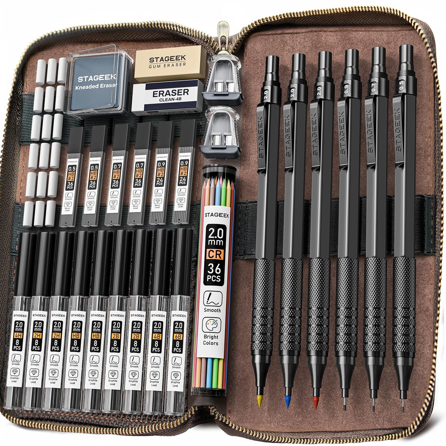 30PCS Black Metal Mechanical Pencil Set in Leather Case, 0.5/0.7/0.9/2.0mm Art Drafting Pencils with 16 Tubes Graphite Leads (6B 4B 2B HB 2H 4H) & Colored Refills for Sketching, Drawing, Writing