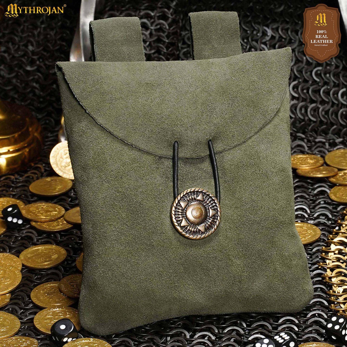 Mythrojan Medieval Renaissance Suede Jewelry Belt Pouch LARP Costume Waist Bag - Dark Green