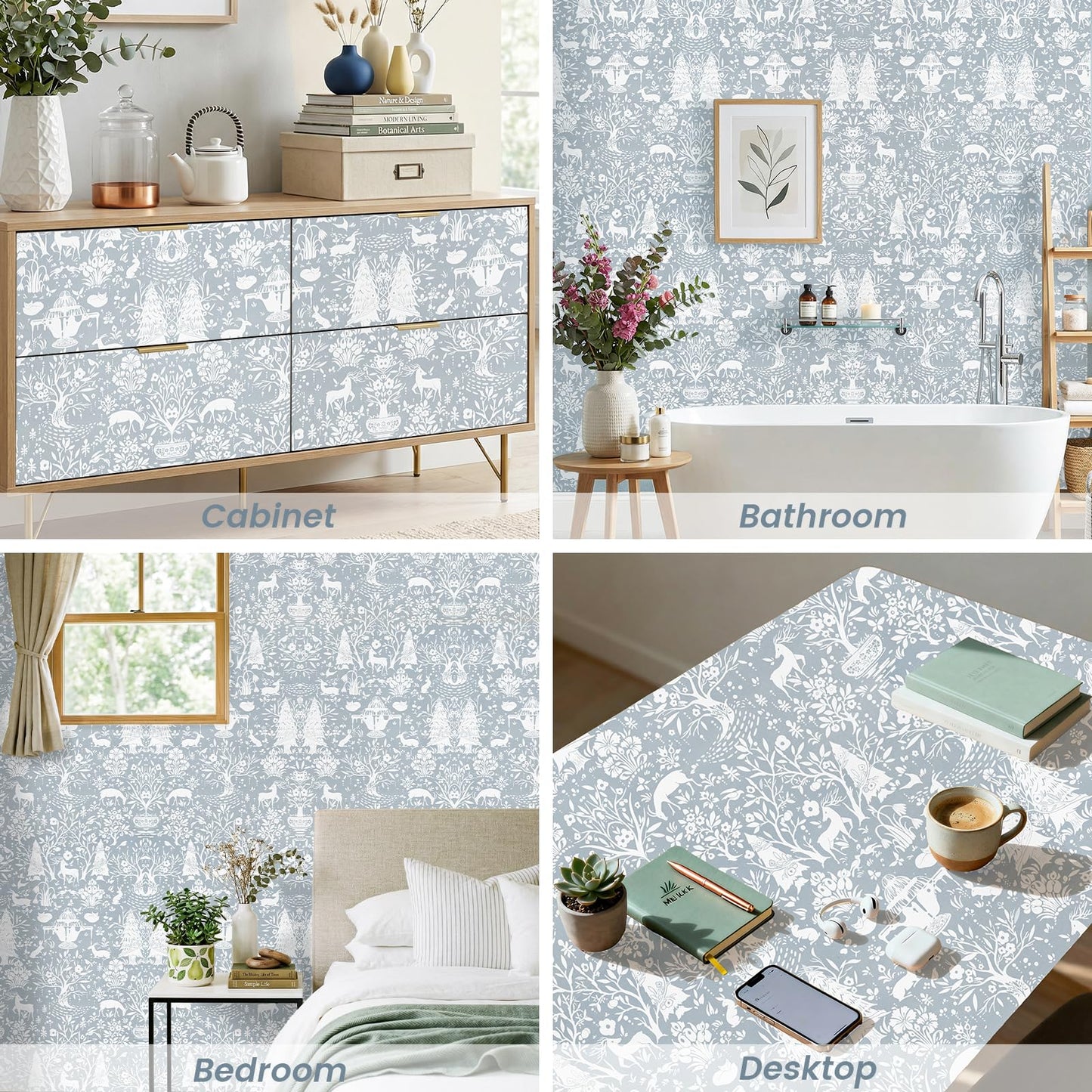 WENMER Forest Animal Wallpaper, 17.7" x 590" Blue and White Contact Paper, Woodland Peel and Stick Wallpaper with Deer Rabbit Fox, Self Adhesive Removable Wall Paper for Living Room Bedroom Nursery