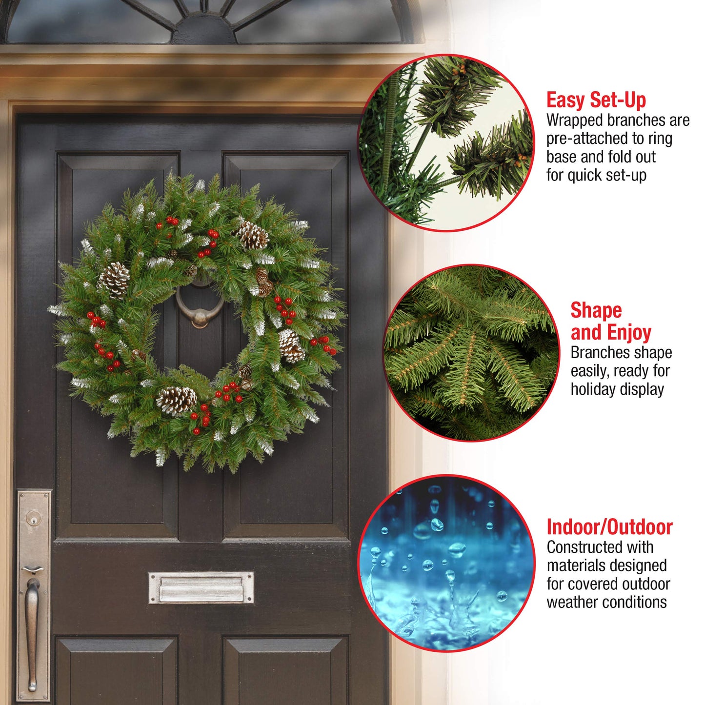 National Tree Company 24 in Unlit Frosted Berry Artificial Christmas Wreath, Christmas Decoration with 180 Tips, Pinecones, Green