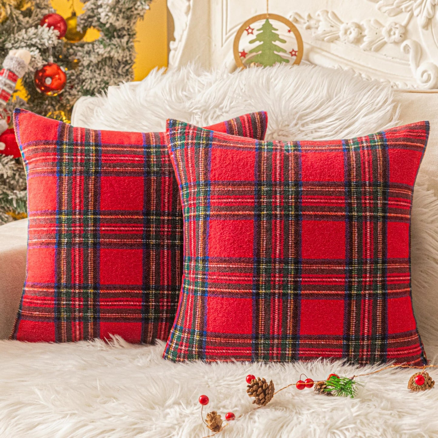AQOTHES Christmas Plaid Throw Pillow Covers Set of 2 Scottish Tartan Winter Farmhouse Cushion Cover for Couch Sofa Bed Porch Home Holiday Decor Red 18 x 18 Inch