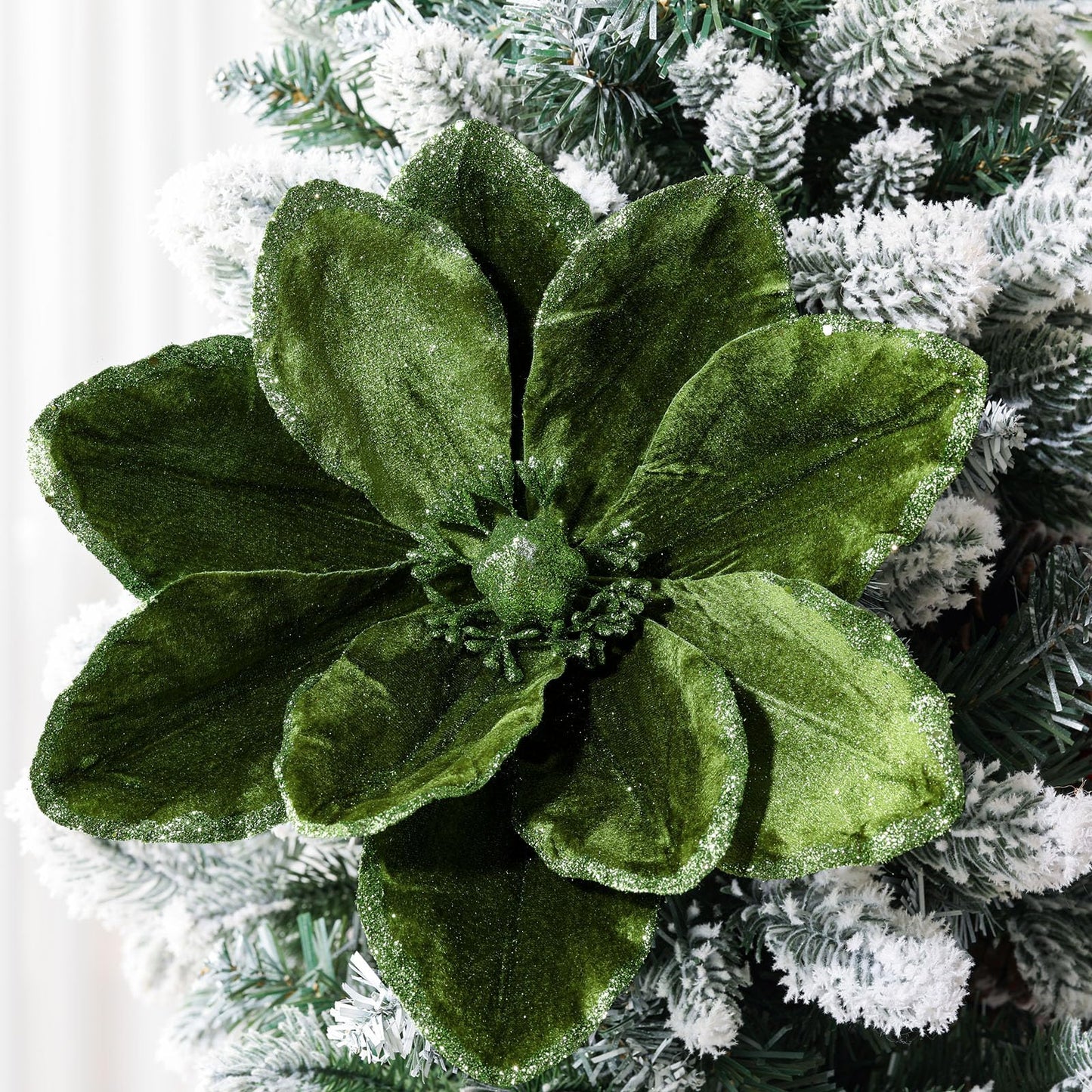 Thiccywoov 8 Pcs Large 12'' Christmas Flower Forest Green Magnolia Flowers Christmas Tree Decoration Artificial Poinsettia Stems Velvet Xmas Ornaments for Xmas Tree Table Decor