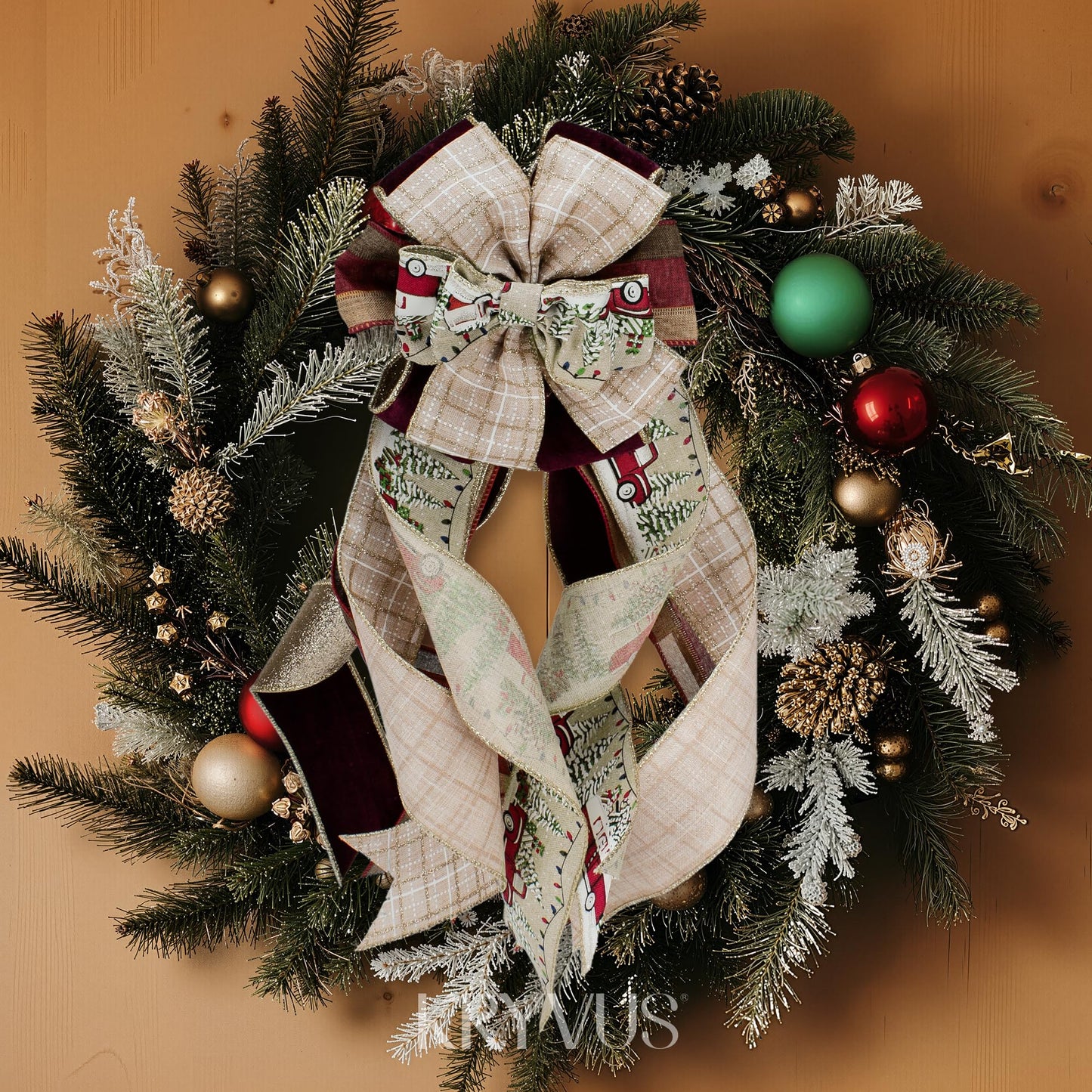 Kryvus Christmas Wired Ribbon, 2.5 Inch x 10 Yards, Natural Linen Ribbon with Gold Wired Edge for Wreaths, Gift Wrapping, Christmas Tree Decorations and Holiday Crafts (Bus)